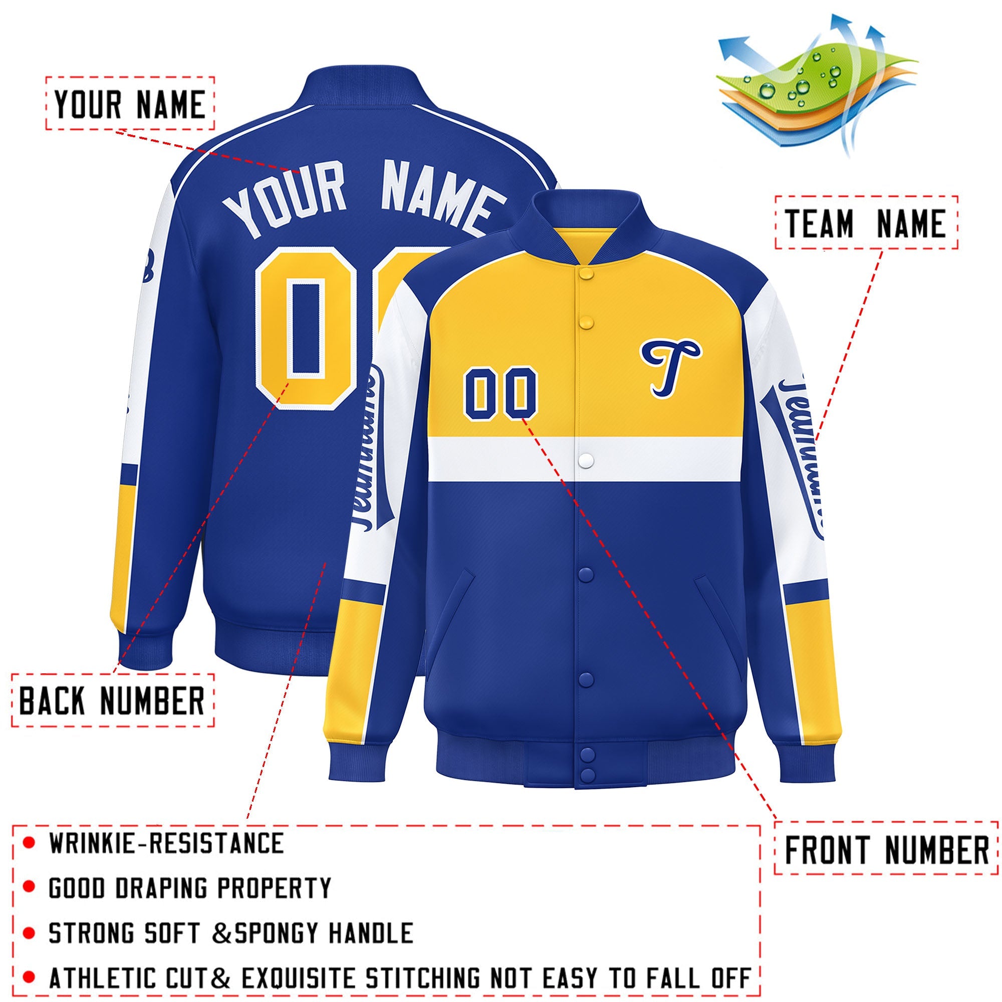 Custom Yellow Royal Varsity Full-Snap Raglan Sleeves Letterman Jacket