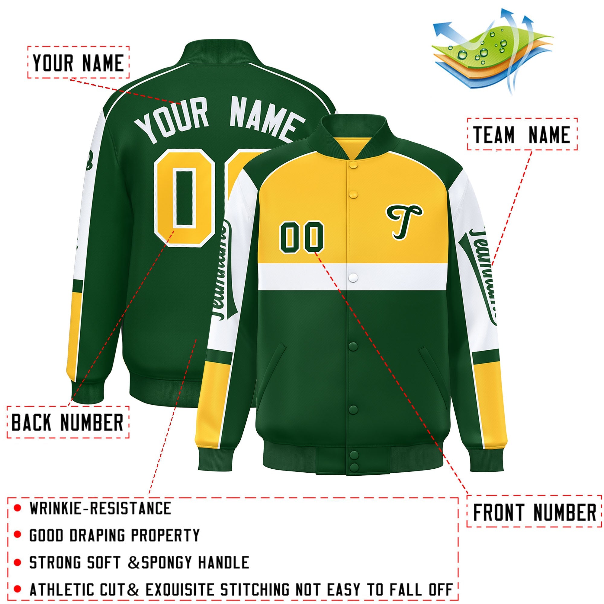 Custom Yellow Green Varsity Full-Snap Raglan Sleeves Letterman Jacket