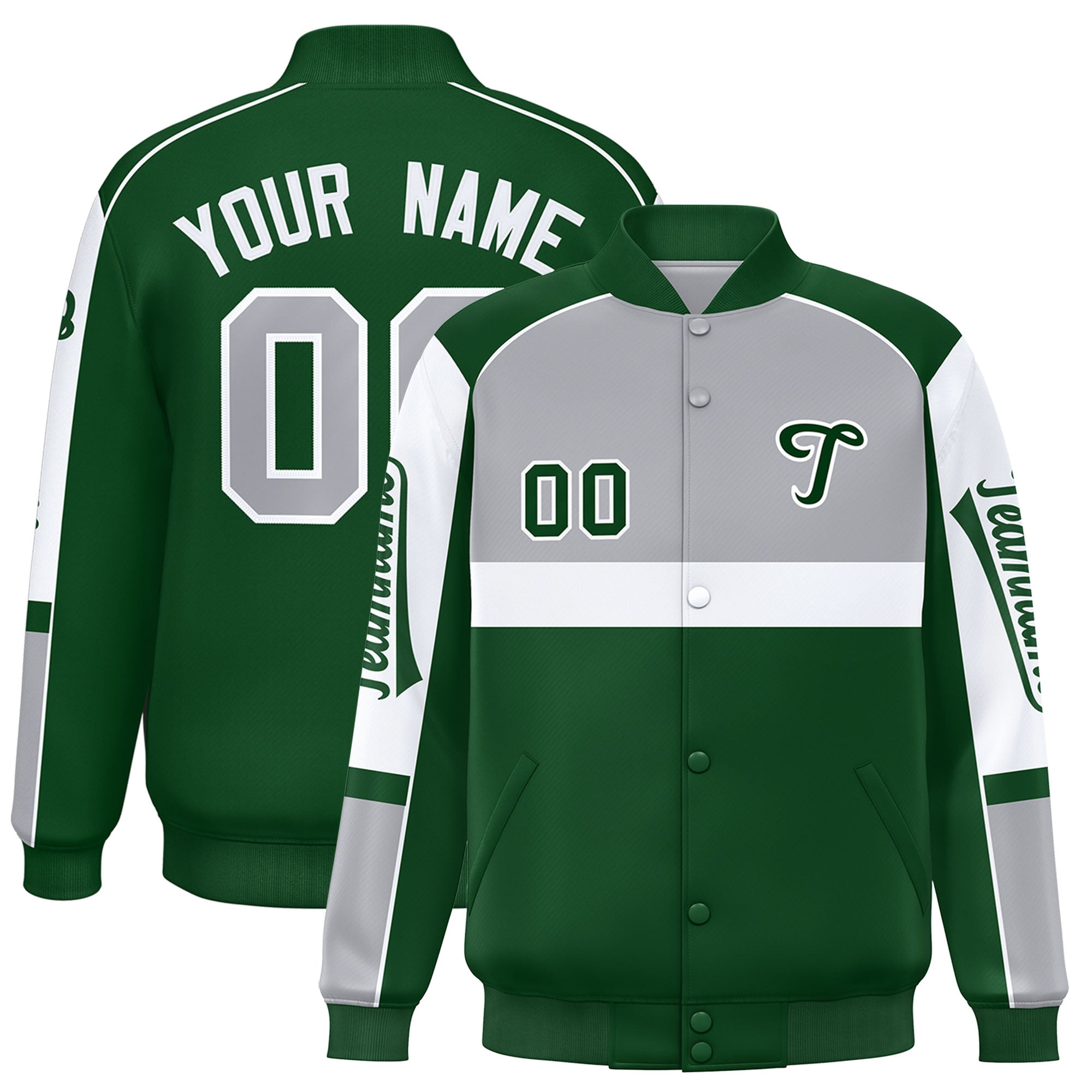 Custom Gray Green Varsity Full-Snap Raglan Sleeves Letterman Jacket