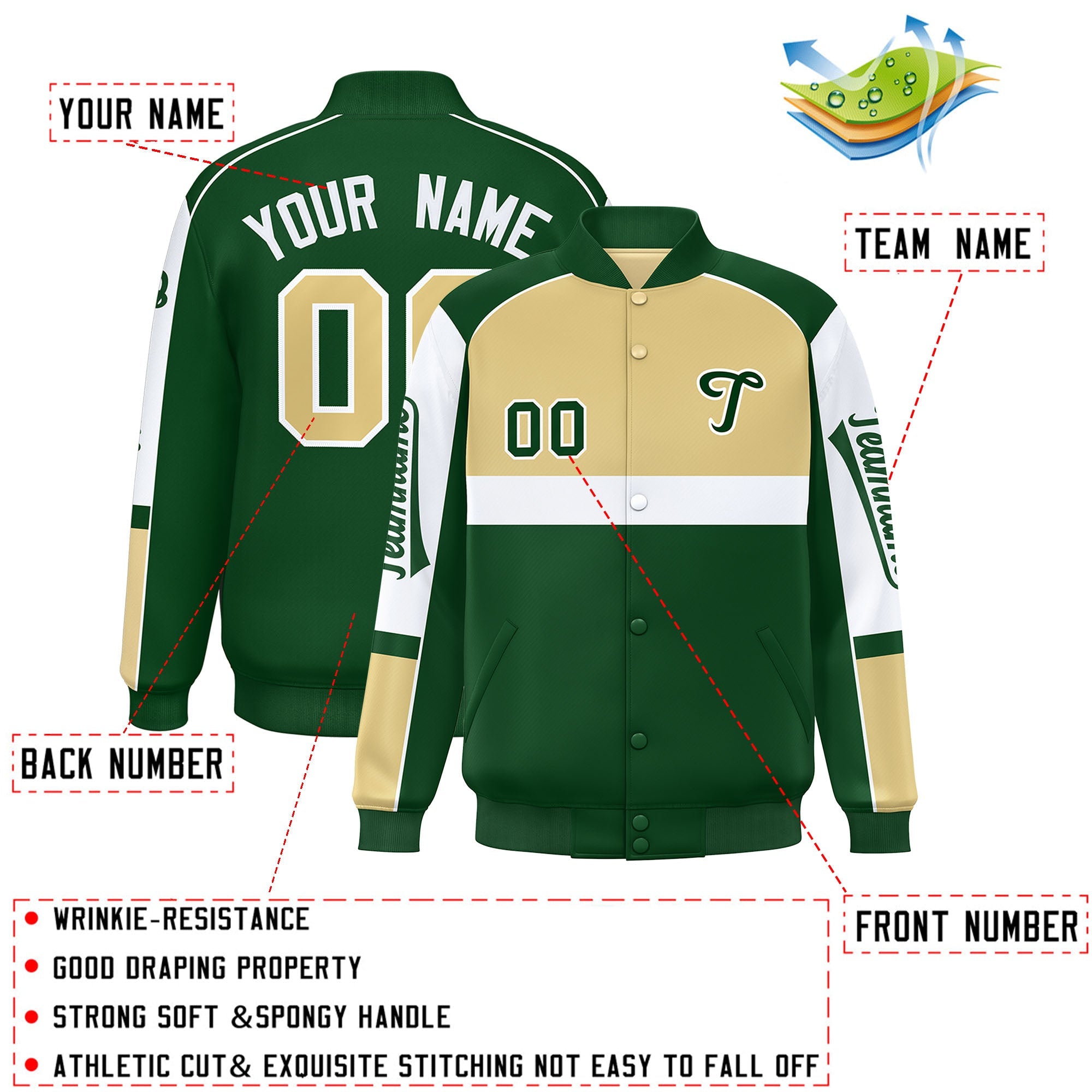 Custom Khaki Green Varsity Full-Snap Raglan Sleeves Letterman Jacket