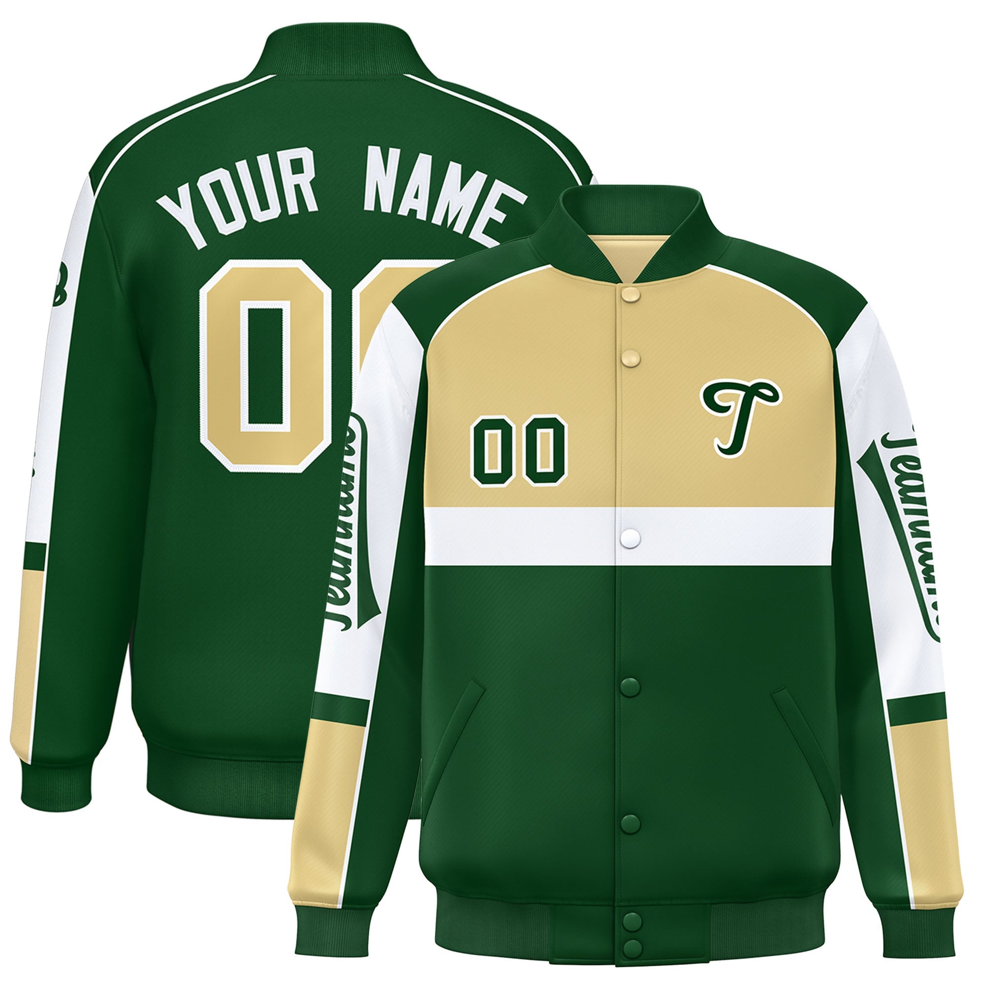 Custom Khaki Green Varsity Full-Snap Raglan Sleeves Letterman Jacket