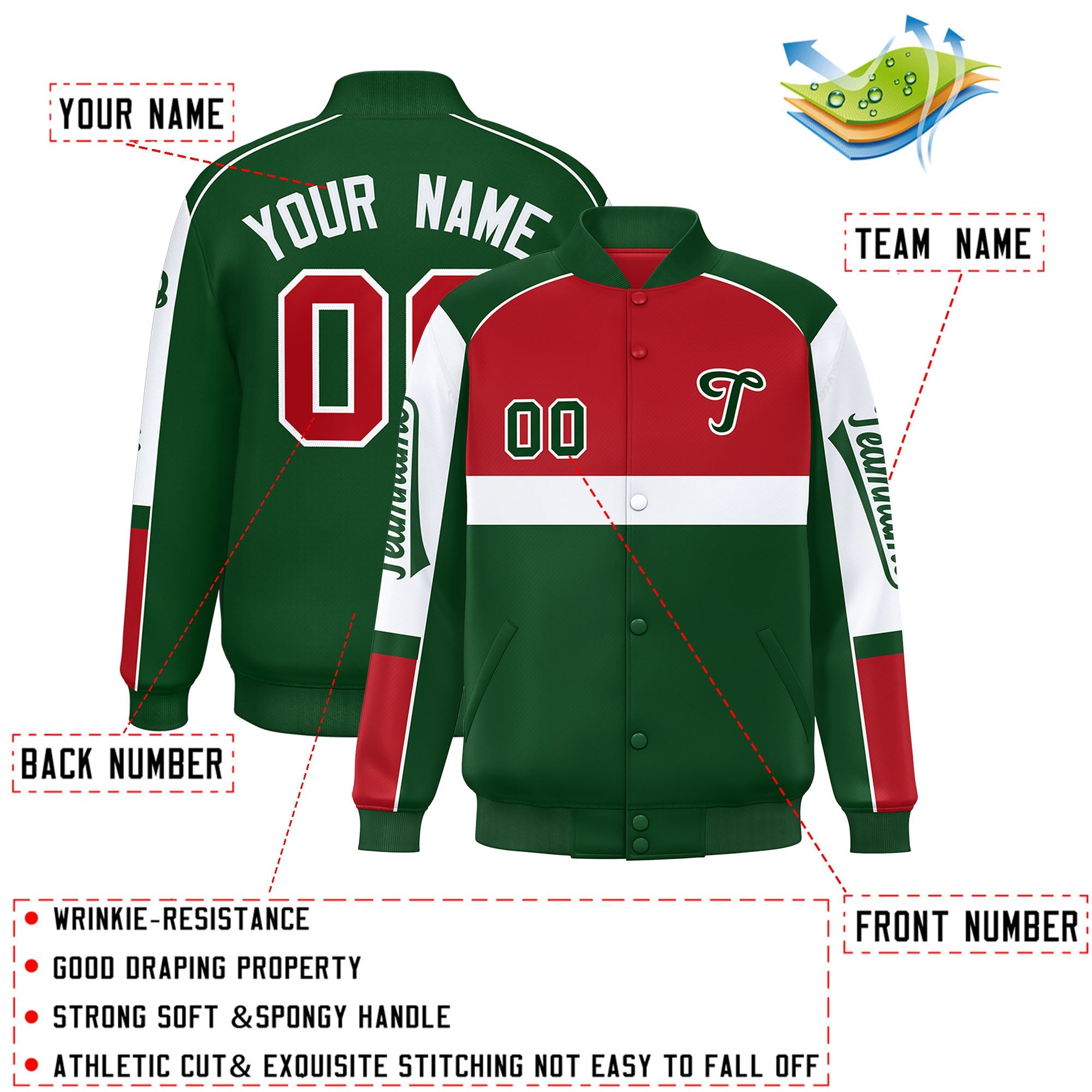 Custom Red Green Varsity Full-Snap Raglan Sleeves Letterman Jacket