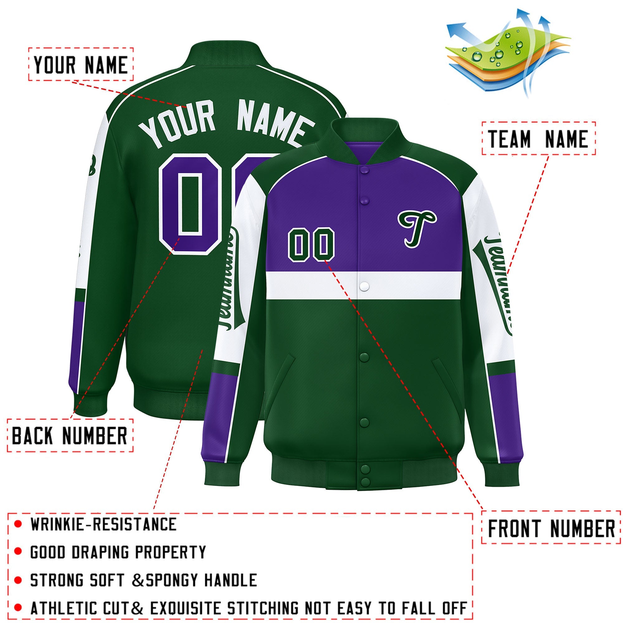 Custom Purple Green Varsity Full-Snap Raglan Sleeves Letterman Jacket