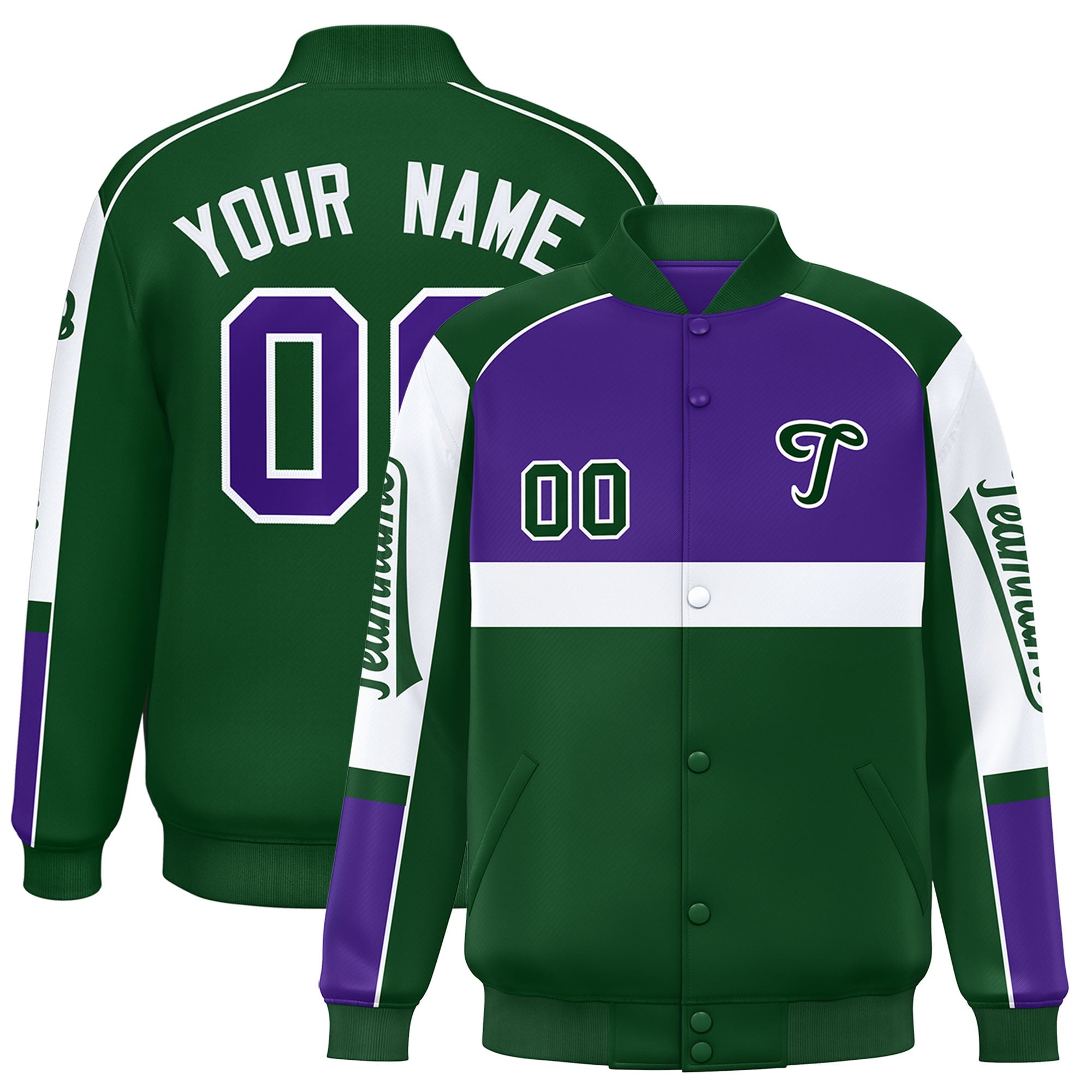 Custom Purple Green Varsity Full-Snap Raglan Sleeves Letterman Jacket