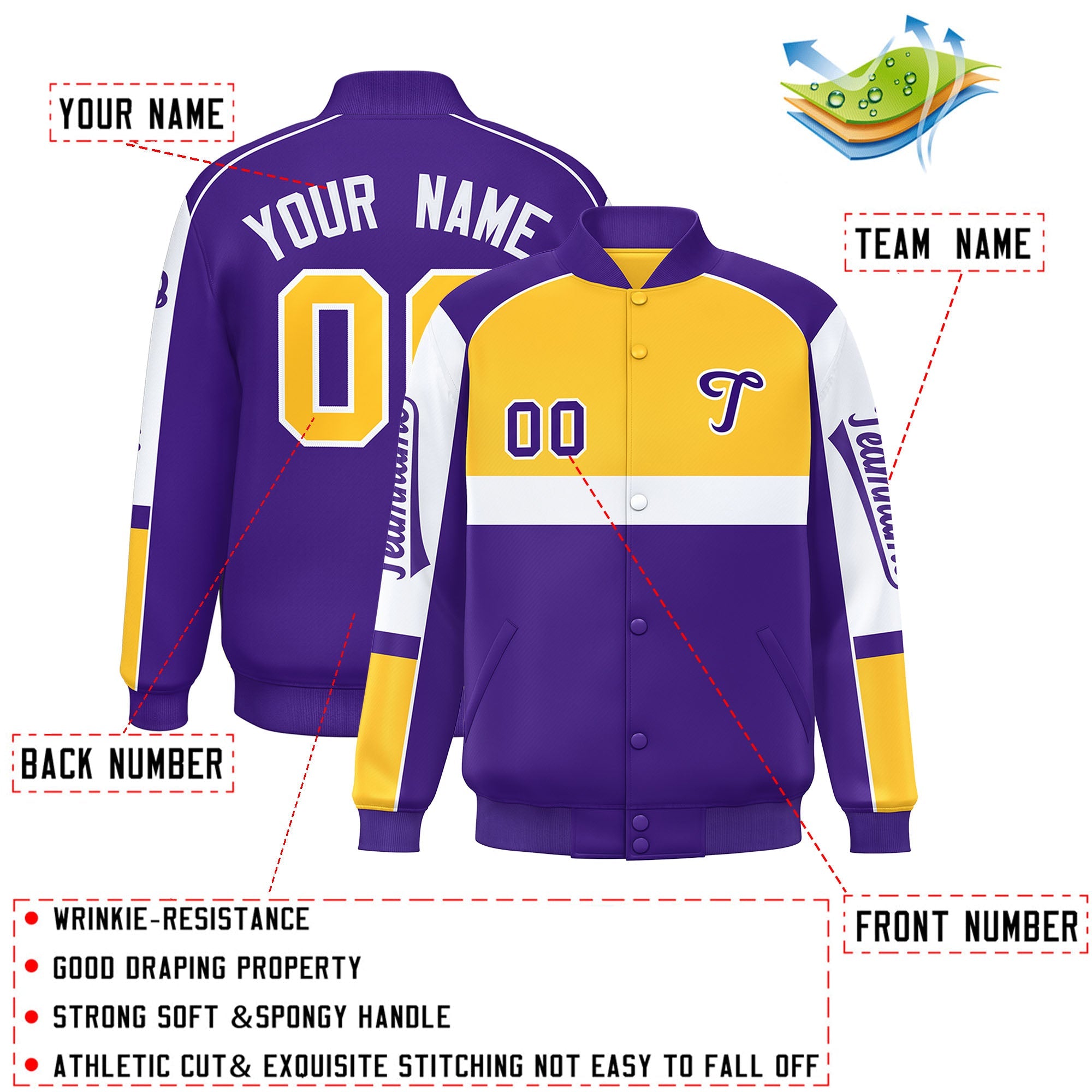 Custom Yellow Purple Varsity Full-Snap Raglan Sleeves Letterman Jacket