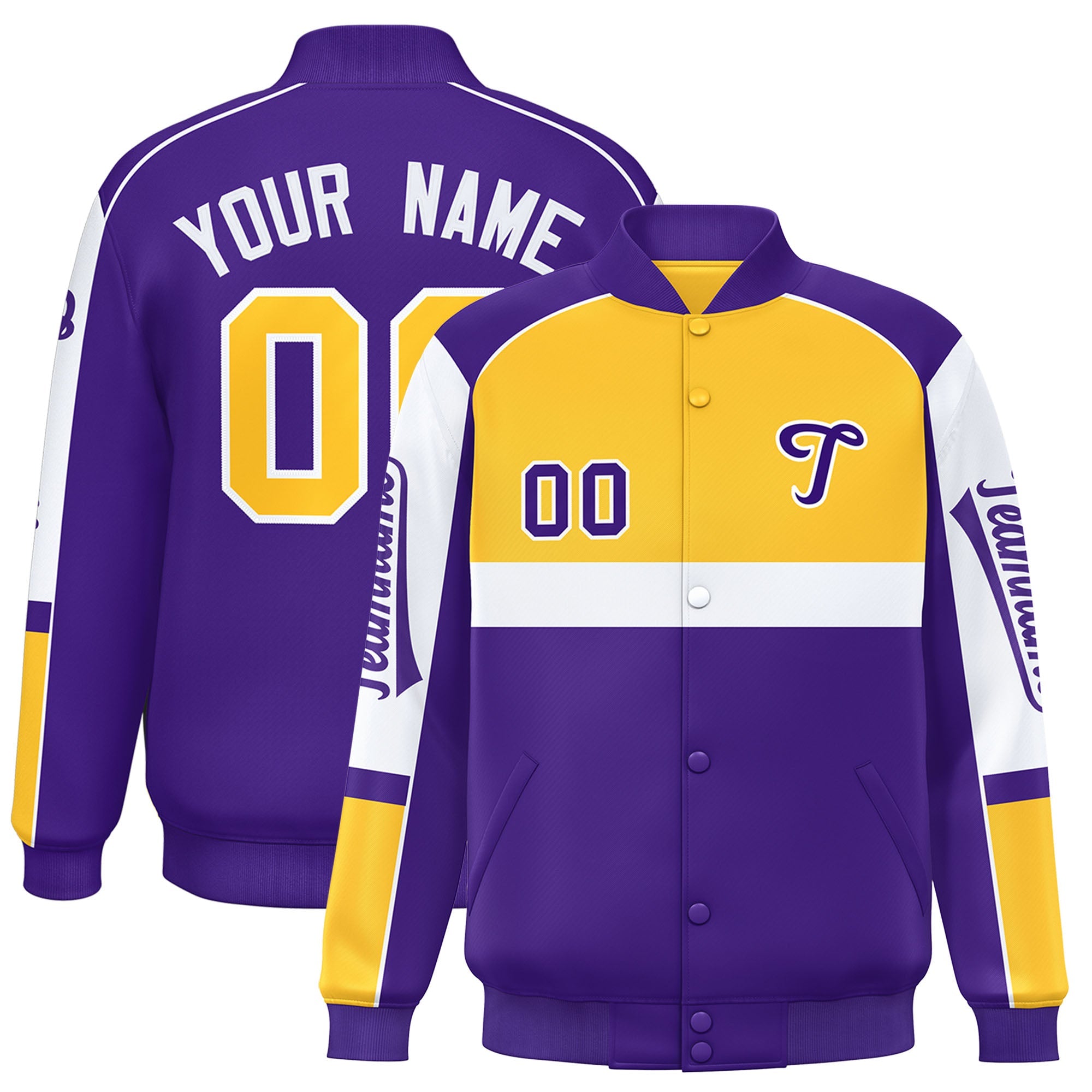 Custom Yellow Purple Varsity Full-Snap Raglan Sleeves Letterman Jacket