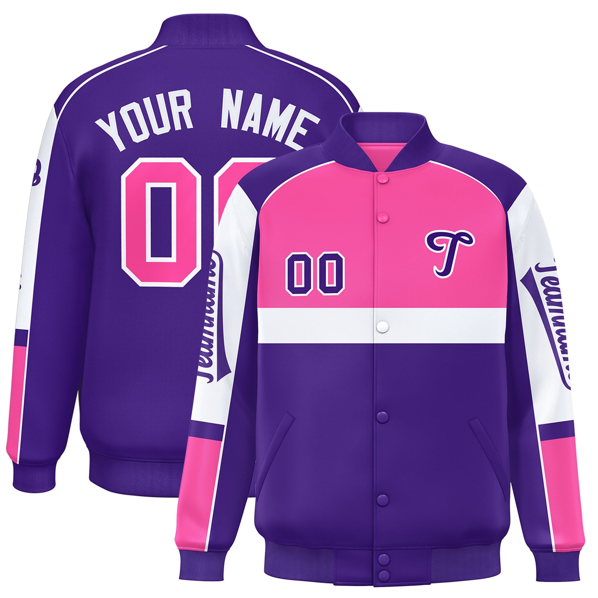 Custom Pink Purple Varsity Full-Snap Raglan Sleeves Letterman Jacket