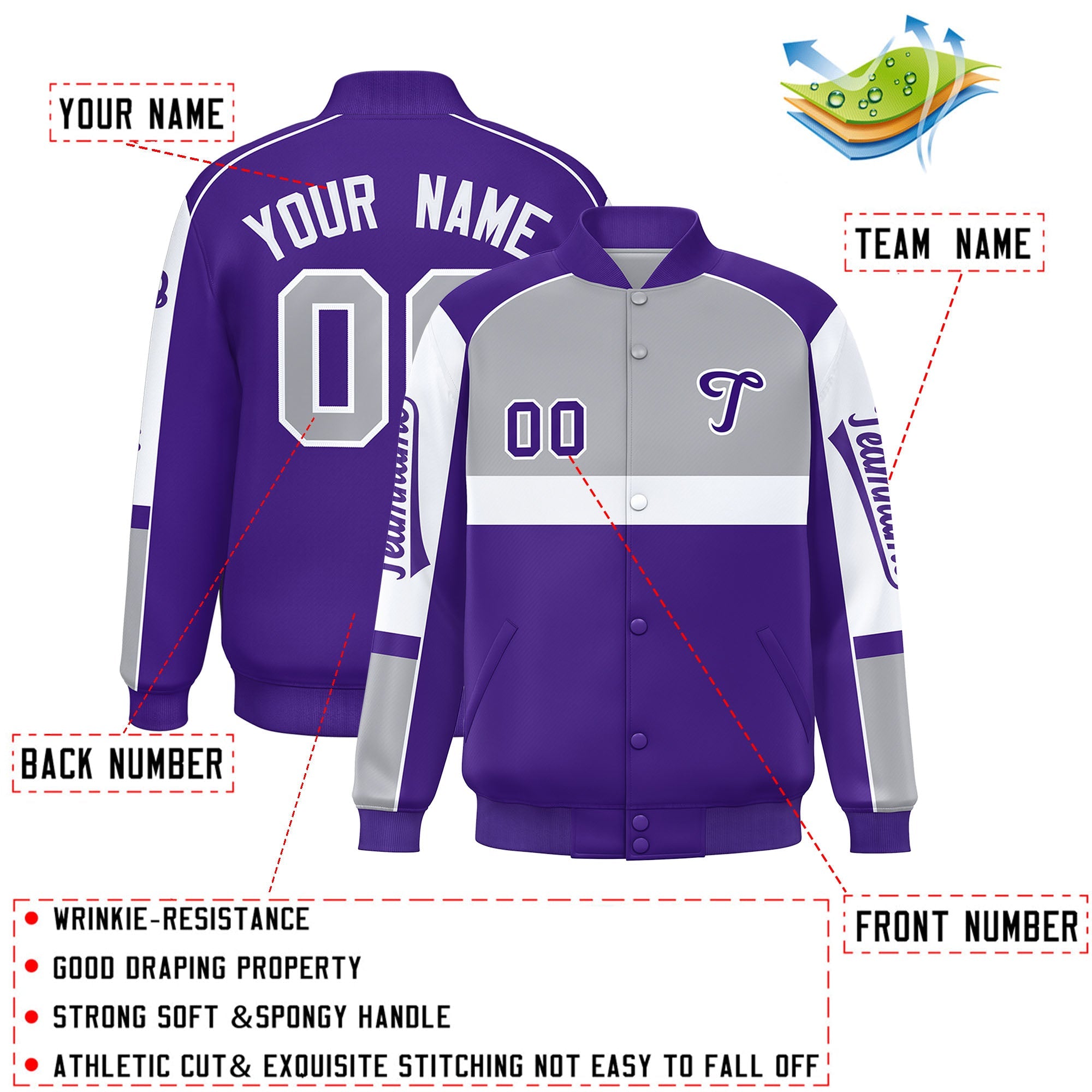 Custom Gray Purple Varsity Full-Snap Raglan Sleeves Letterman Jacket