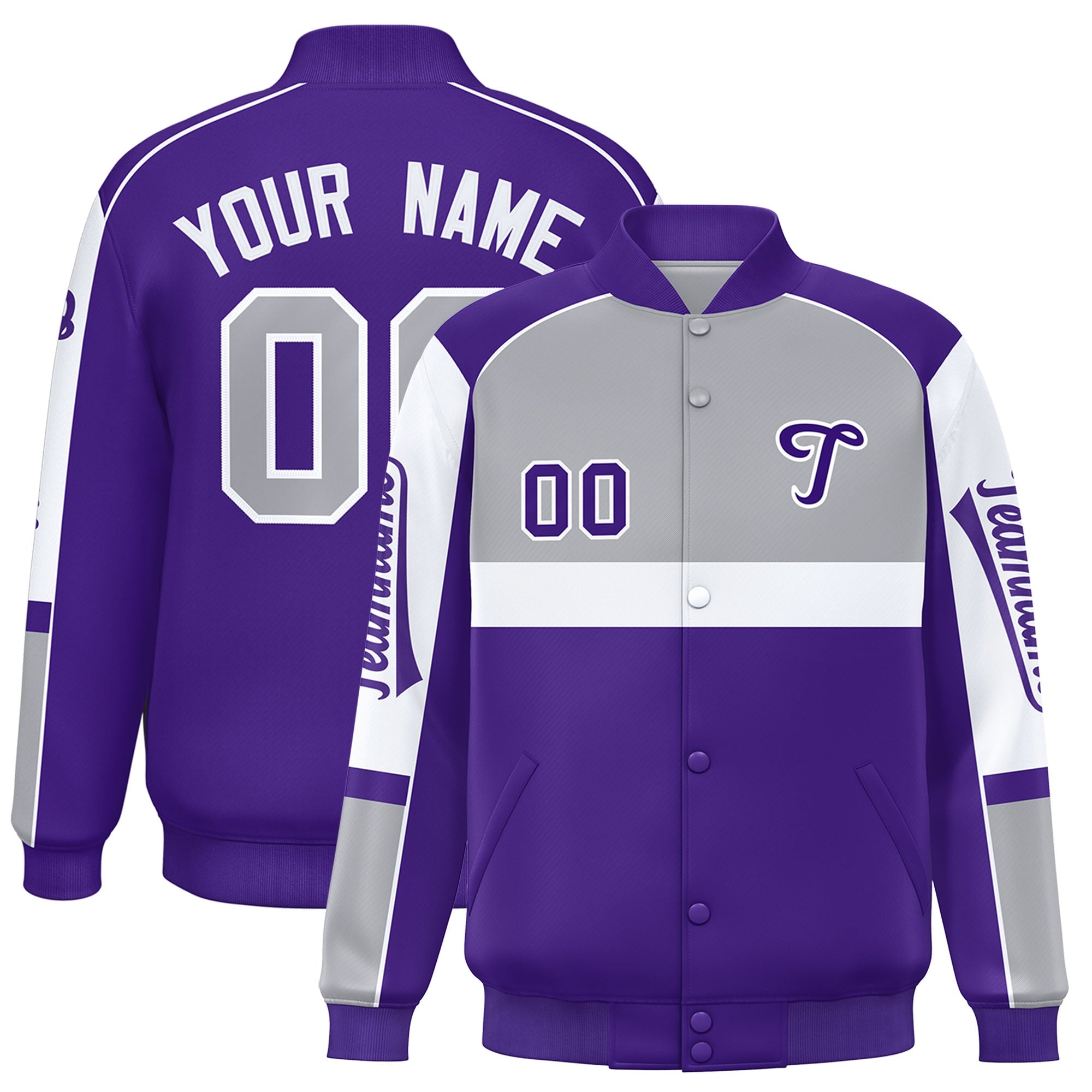 Custom Gray Purple Varsity Full-Snap Raglan Sleeves Letterman Jacket