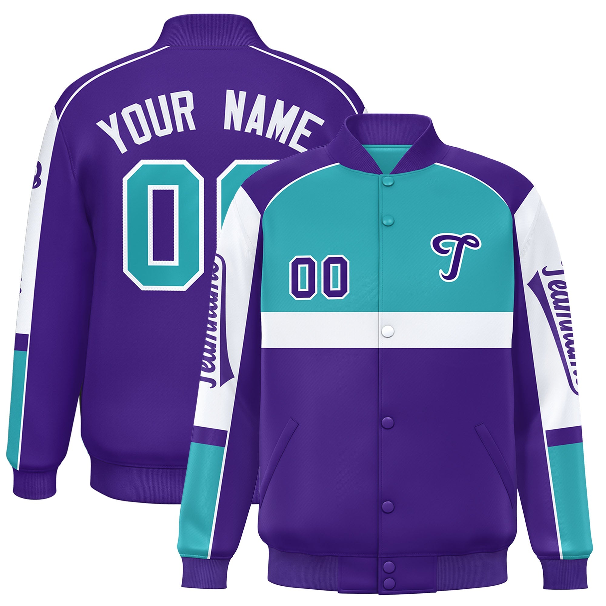 Custom Aqua Purple Varsity Full-Snap Raglan Sleeves Letterman Jacket