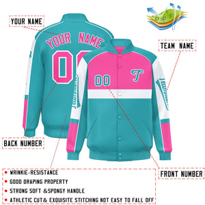 Custom Pink Aqua Varsity Full-Snap Raglan Sleeves Letterman Jacket