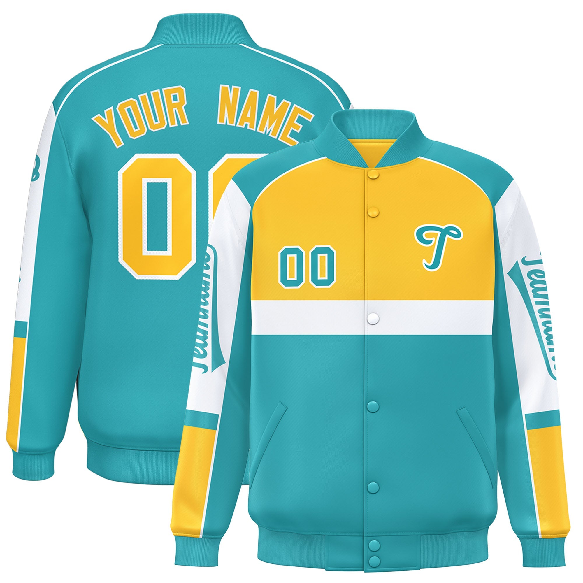 Custom Yellow Aqua Varsity Full-Snap Raglan Sleeves Letterman Jacket