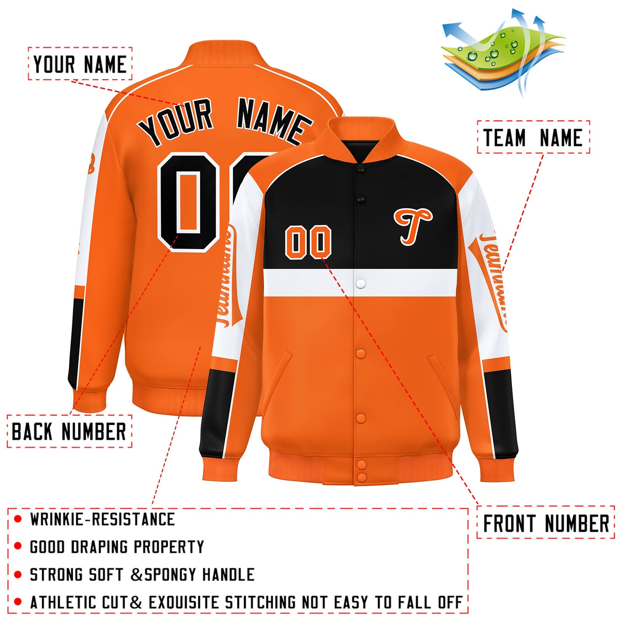 Custom Black Orange Varsity Full-Snap Raglan Sleeves Letterman Jacket