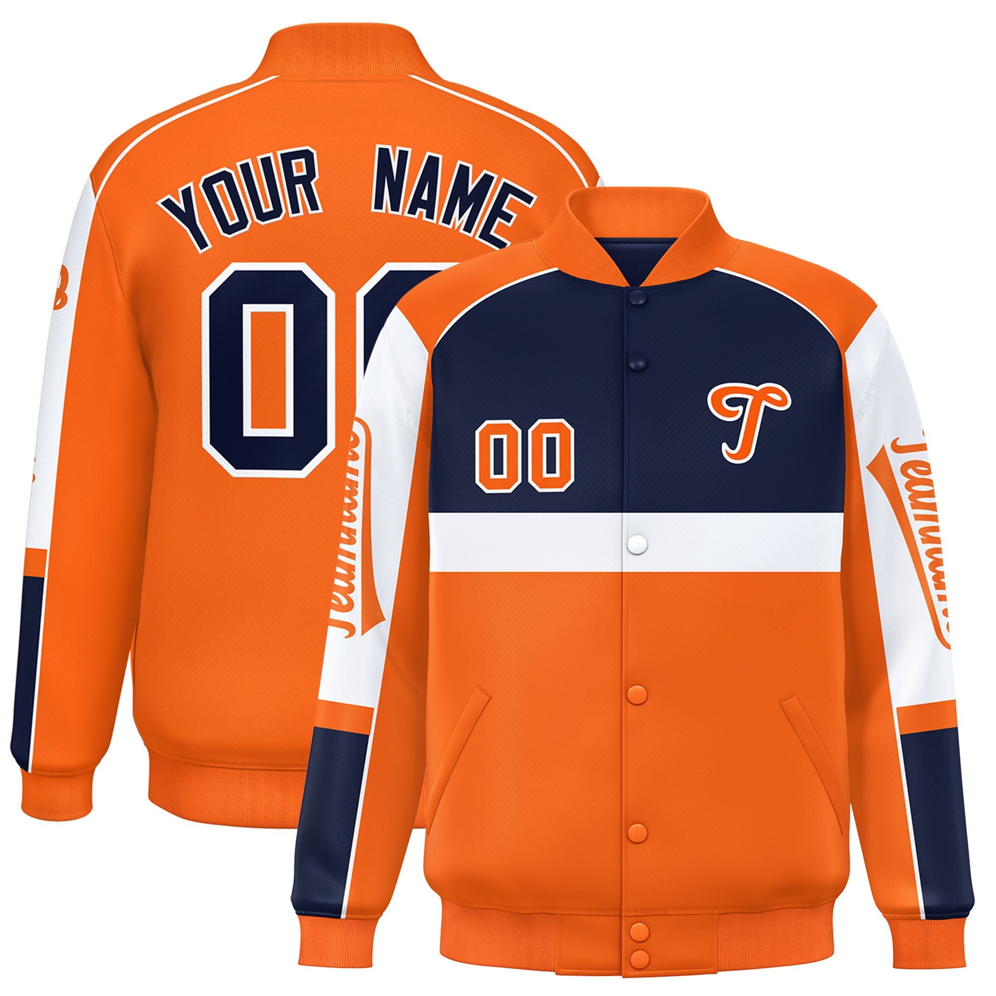 Custom Navy Orange Varsity Full-Snap Raglan Sleeves Letterman Jacket