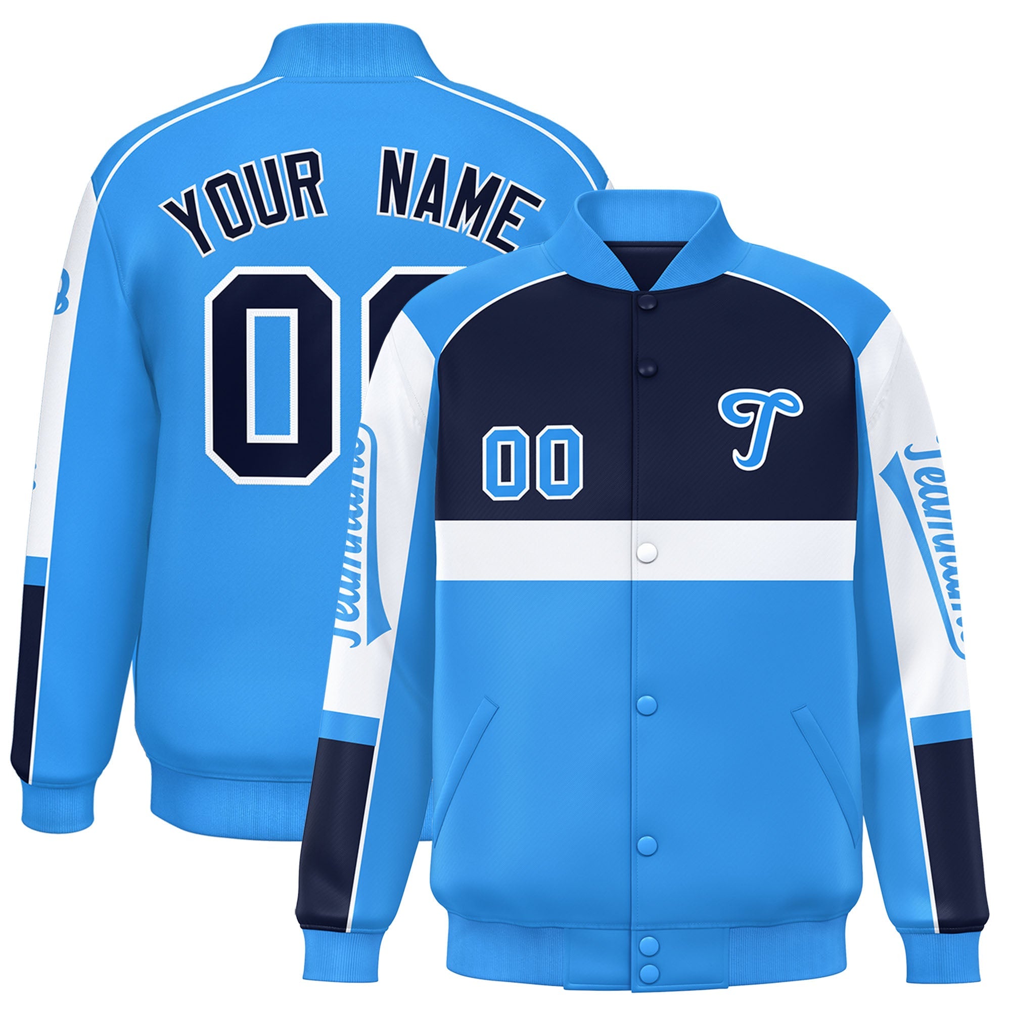 Custom Navy Powder Blue Varsity Full-Snap Raglan Sleeves Letterman Jacket