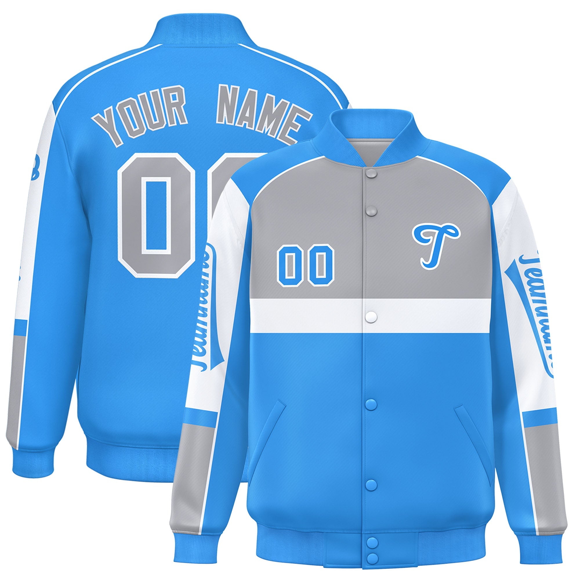 Custom Gray Powder Blue Varsity Full-Snap Raglan Sleeves Letterman Jacket