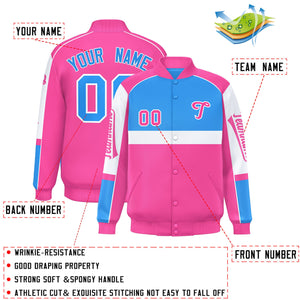 Custom Powder Blue Pink Varsity Full-Snap Raglan Sleeves Letterman Jacket