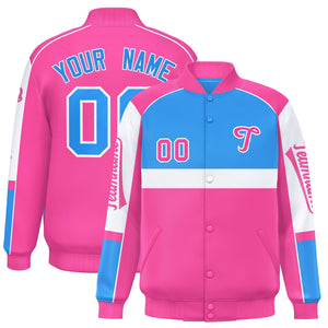 Custom Powder Blue Pink Varsity Full-Snap Raglan Sleeves Letterman Jacket