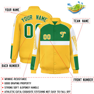 Custom Kelly Green Yellow Varsity Full-Snap Raglan Sleeves Letterman Jacket