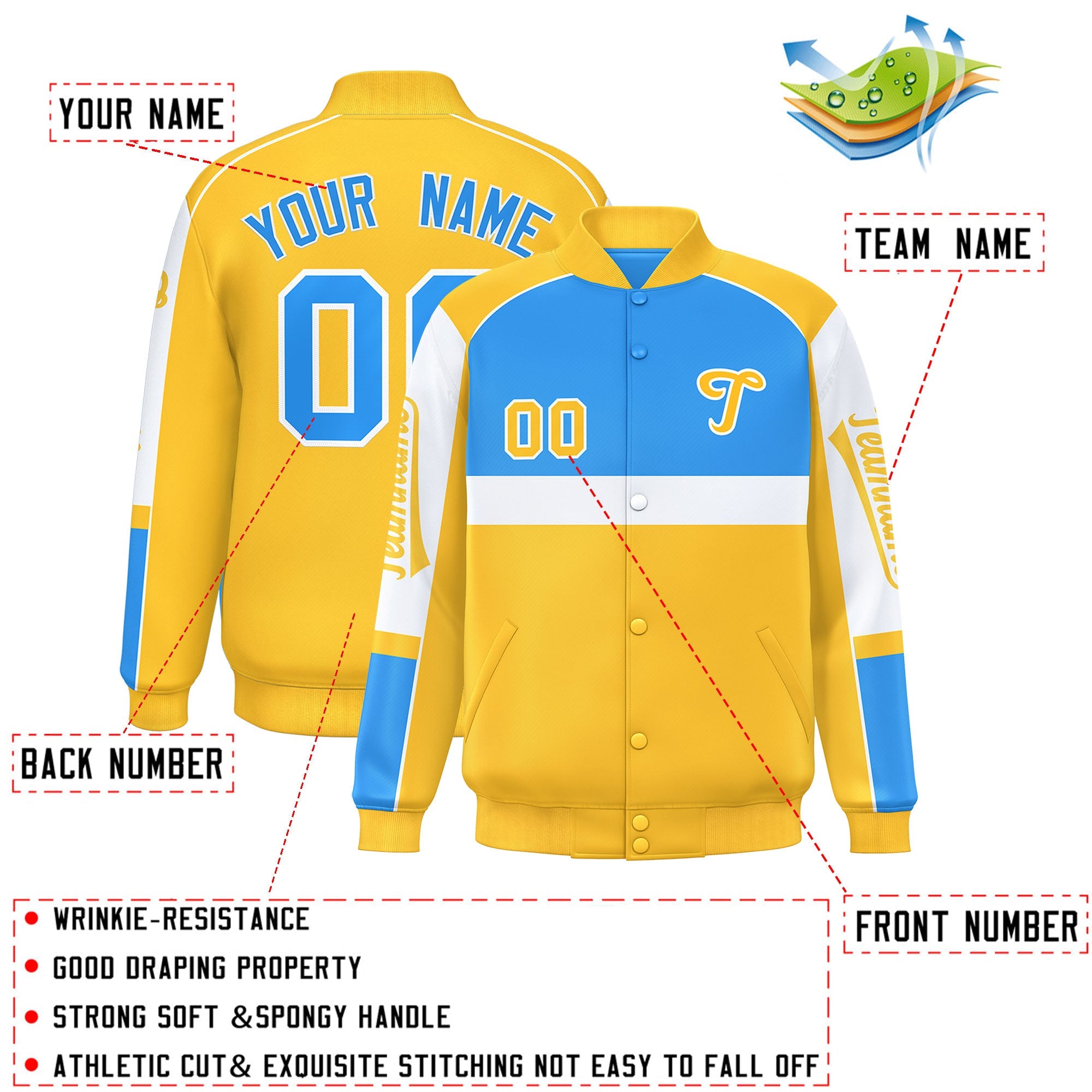 Custom Powder Blue Yellow Varsity Full-Snap Raglan Sleeves Letterman Jacket