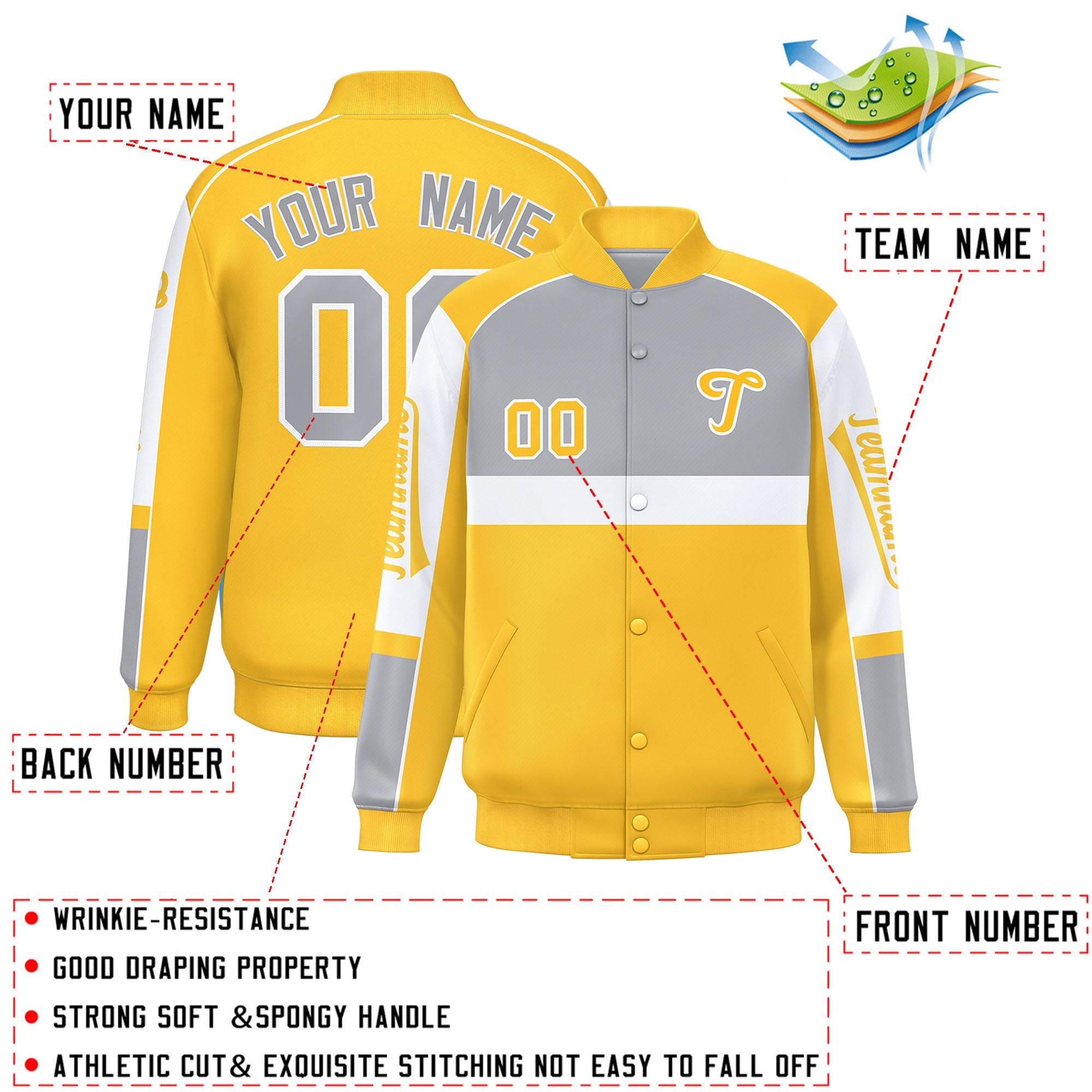 Custom Gray Yellow Varsity Full-Snap Raglan Sleeves Letterman Jacket