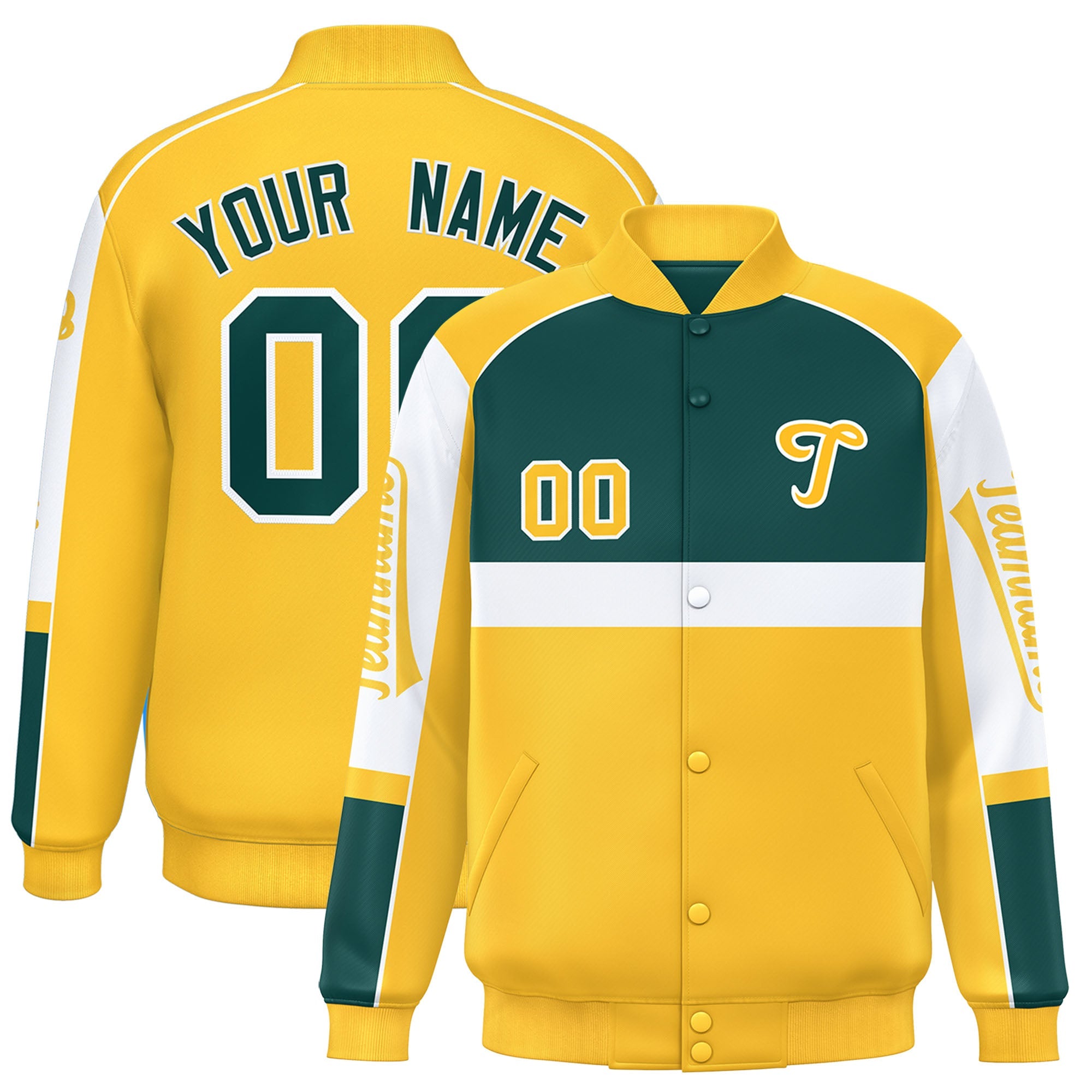 Custom Midnight Green Yellow Varsity Full-Snap Raglan Sleeves Letterman Jacket