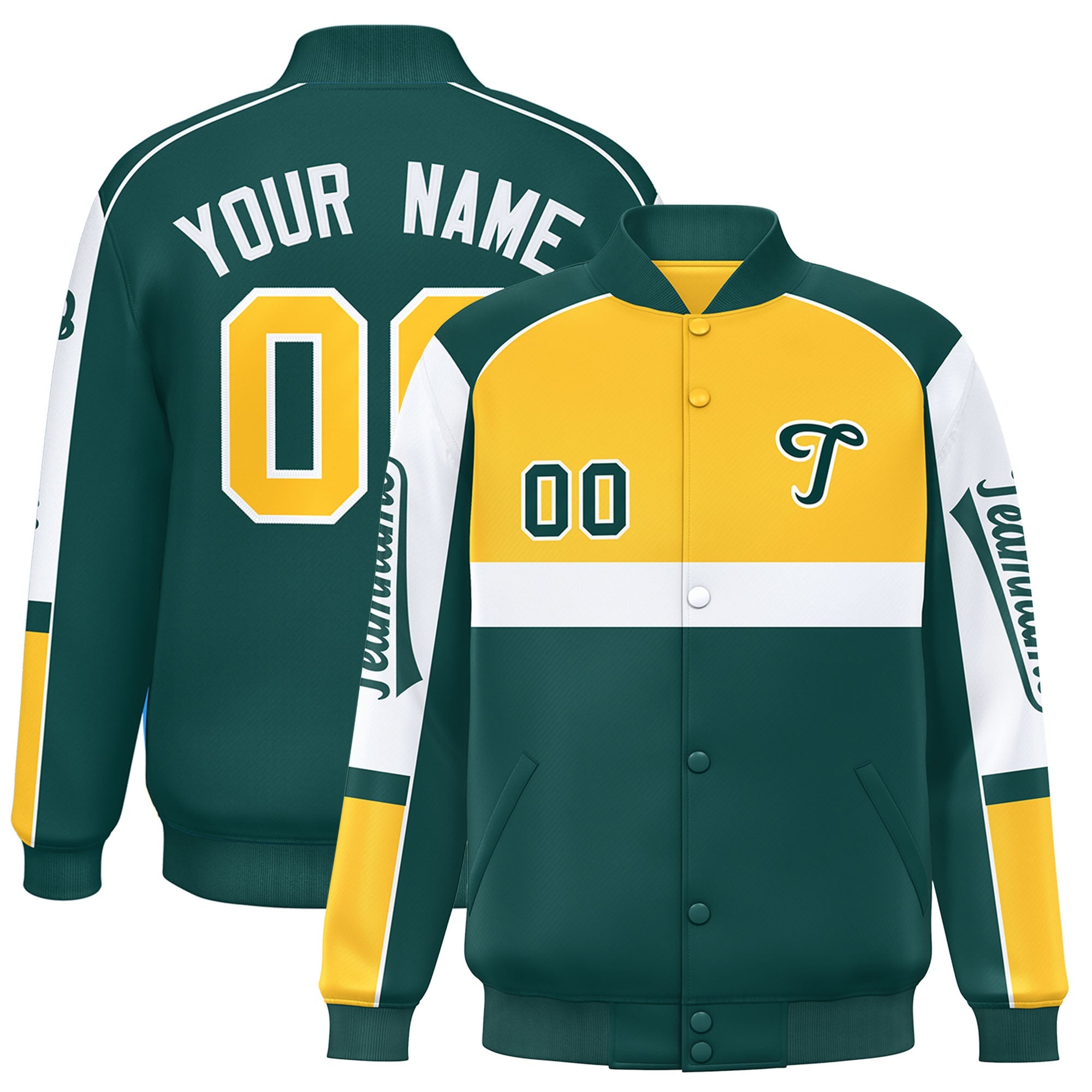 Custom Yellow Midnight Green Varsity Full-Snap Raglan Sleeves Letterman Jacket