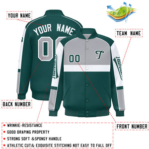 Custom Gray Midnight Green Varsity Full-Snap Raglan Sleeves Letterman Jacket