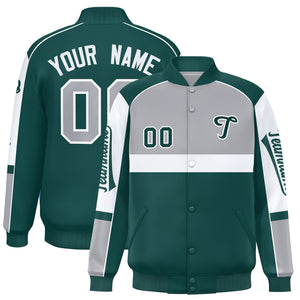 Custom Gray Midnight Green Varsity Full-Snap Raglan Sleeves Letterman Jacket