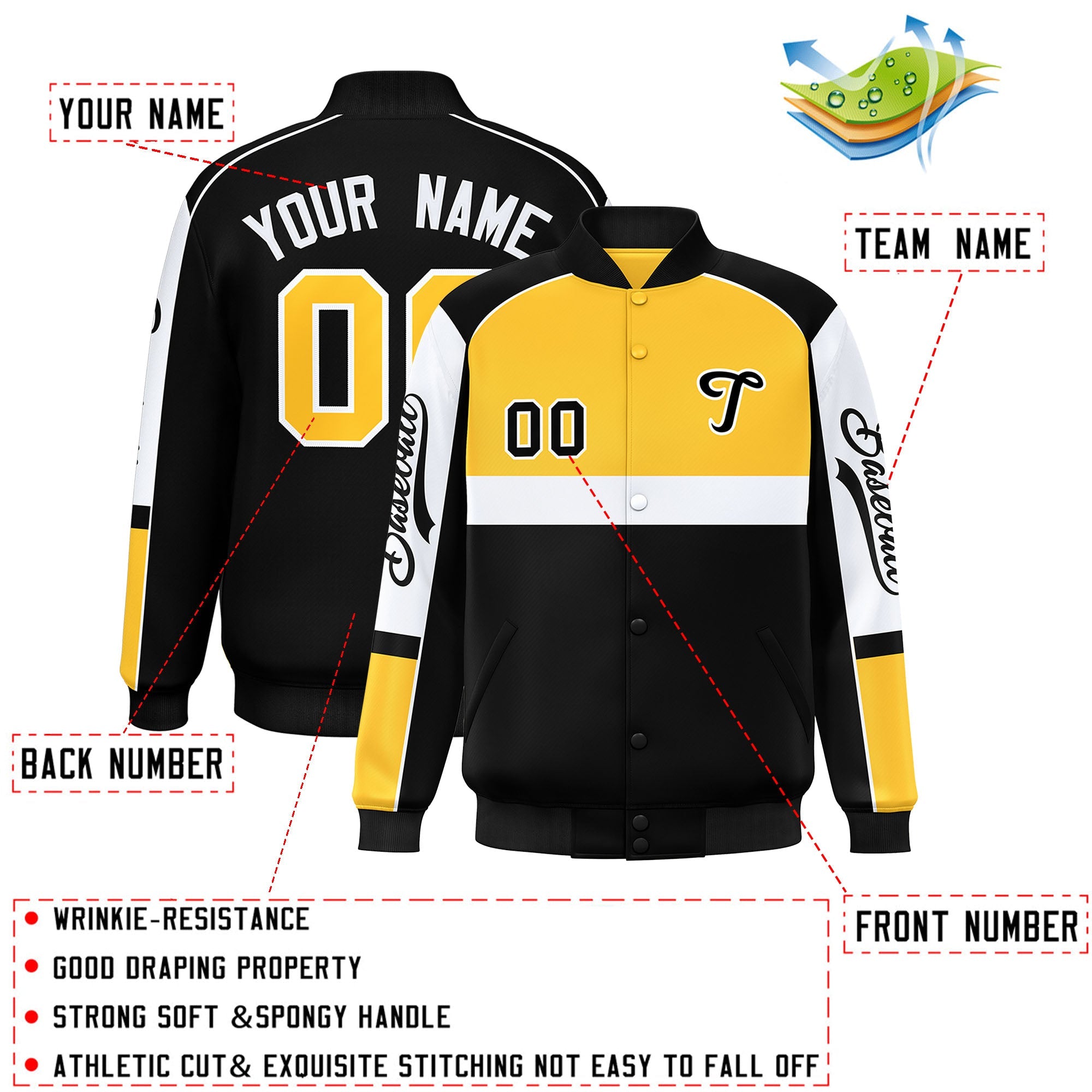 Custom Yellow Black Varsity Full-Snap Raglan Sleeves Letterman Jacket