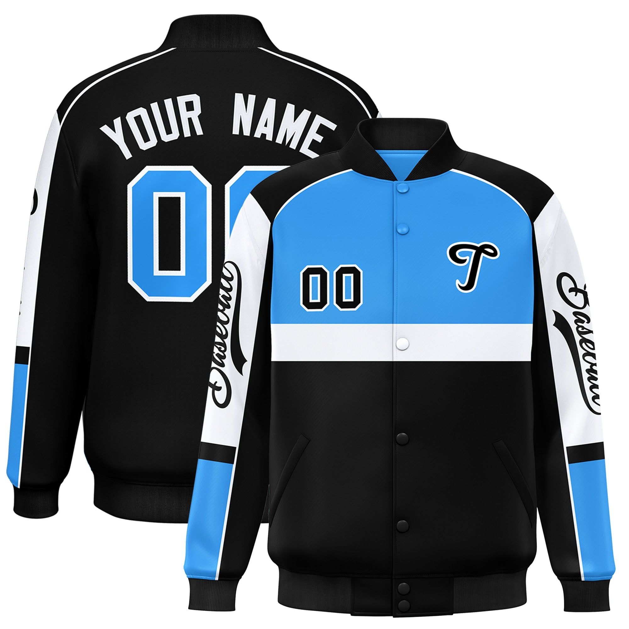 Custom Powder Blue Black Varsity Full-Snap Raglan Sleeves Letterman Jacket