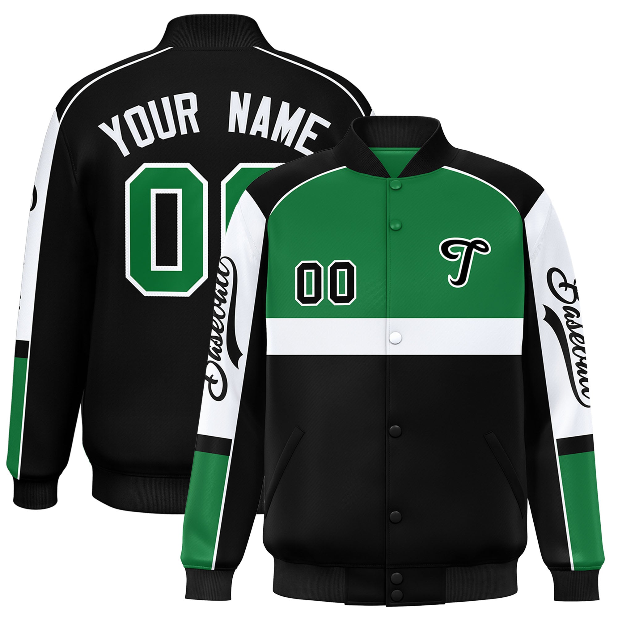 Custom Kelly Green Black Varsity Full-Snap Raglan Sleeves Letterman Jacket