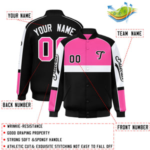 Custom Pink Black Varsity Full-Snap Raglan Sleeves Letterman Jacket