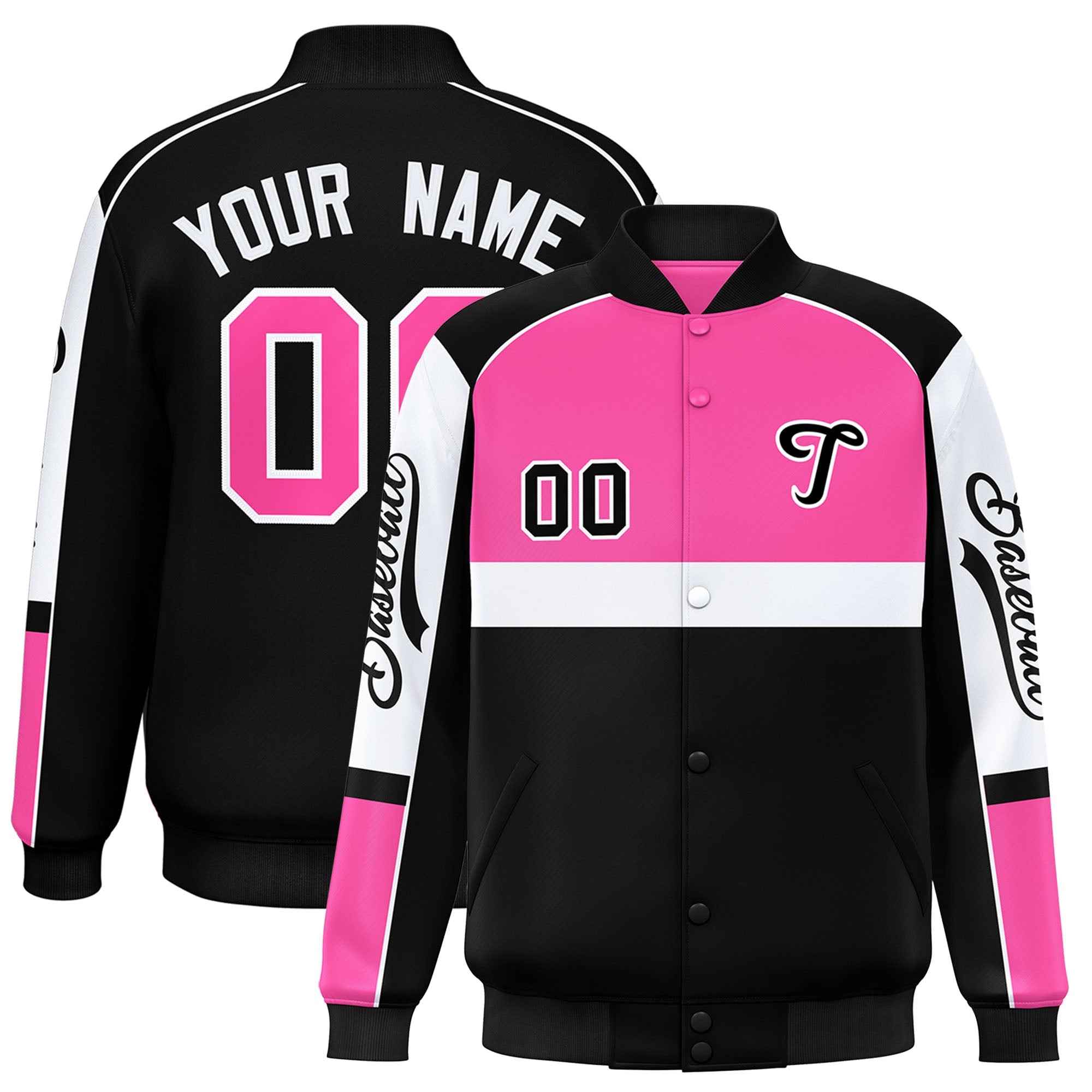 Custom Pink Black Varsity Full-Snap Raglan Sleeves Letterman Jacket