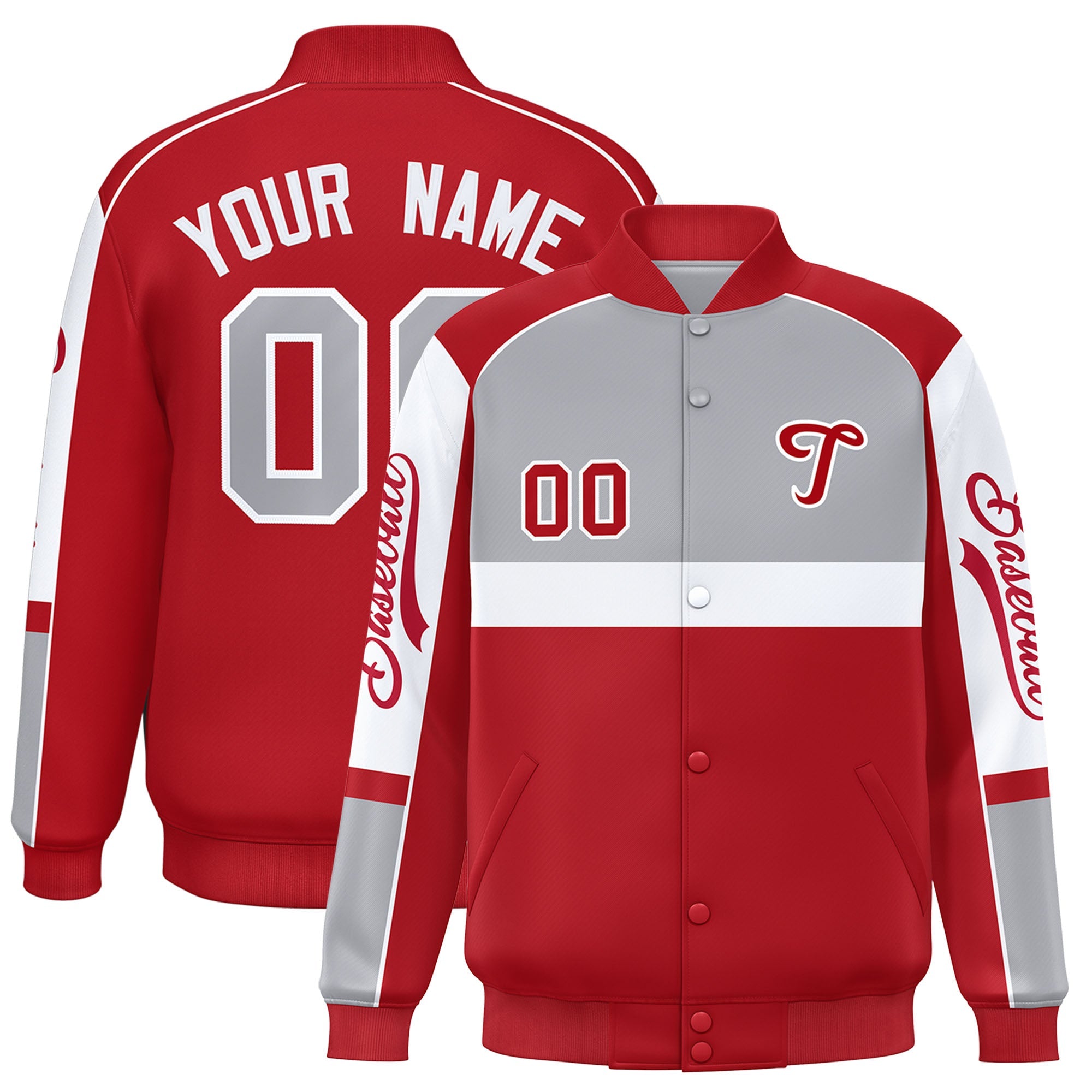 Custom Gray Red Varsity Full-Snap Raglan Sleeves Letterman Jacket