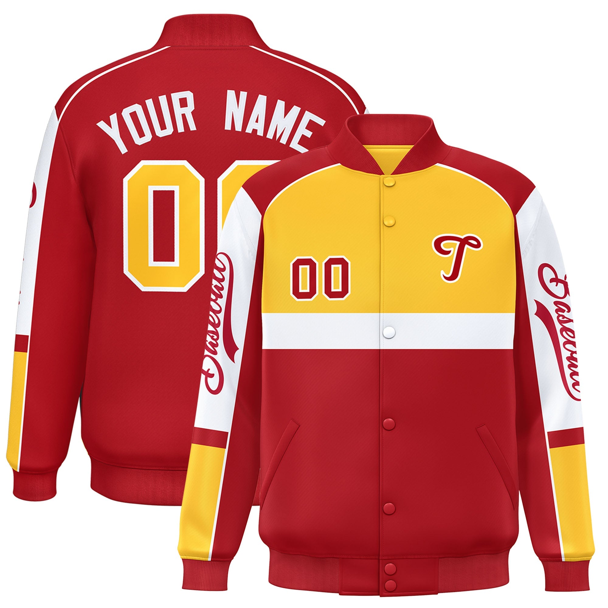 Custom Yellow Red Varsity Full-Snap Raglan Sleeves Letterman Jacket