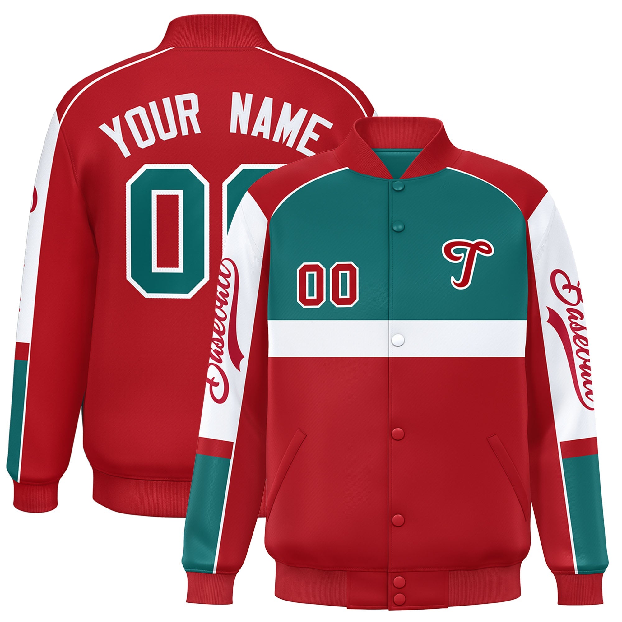 Custom Aqua Red Varsity Full-Snap Raglan Sleeves Letterman Jacket