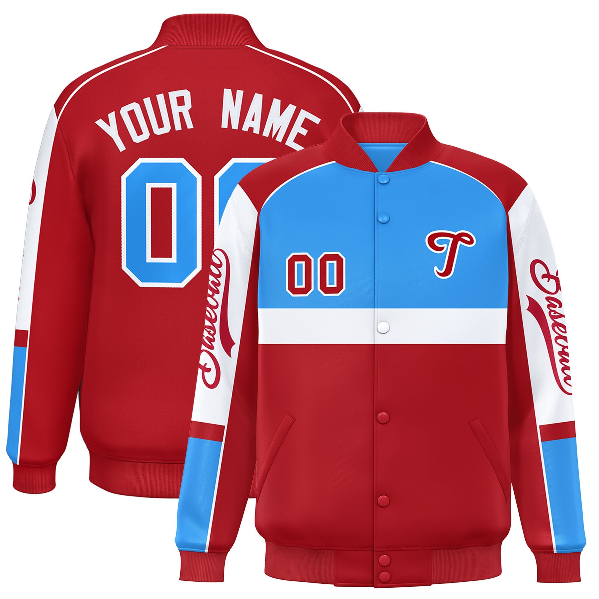 Custom Powder Blue Red Varsity Full-Snap Raglan Sleeves Letterman Jacket