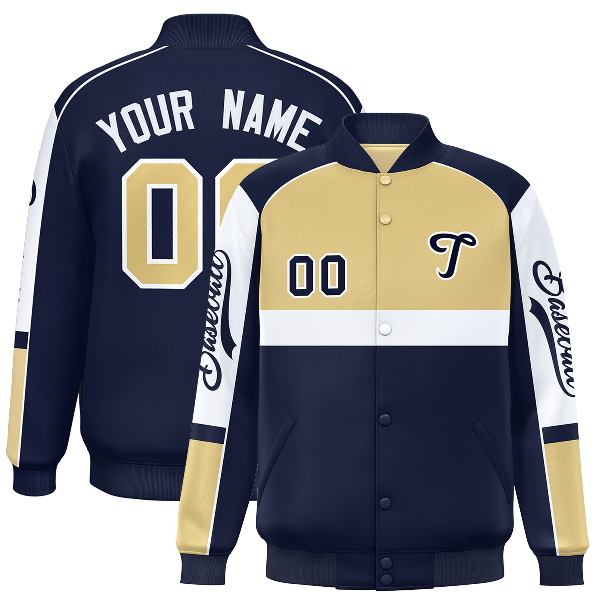 Custom Khaki Navy Varsity Full-Snap Raglan Sleeves Letterman Jacket