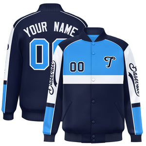 Custom Powder Blue Navy Varsity Full-Snap Raglan Sleeves Letterman Jacket