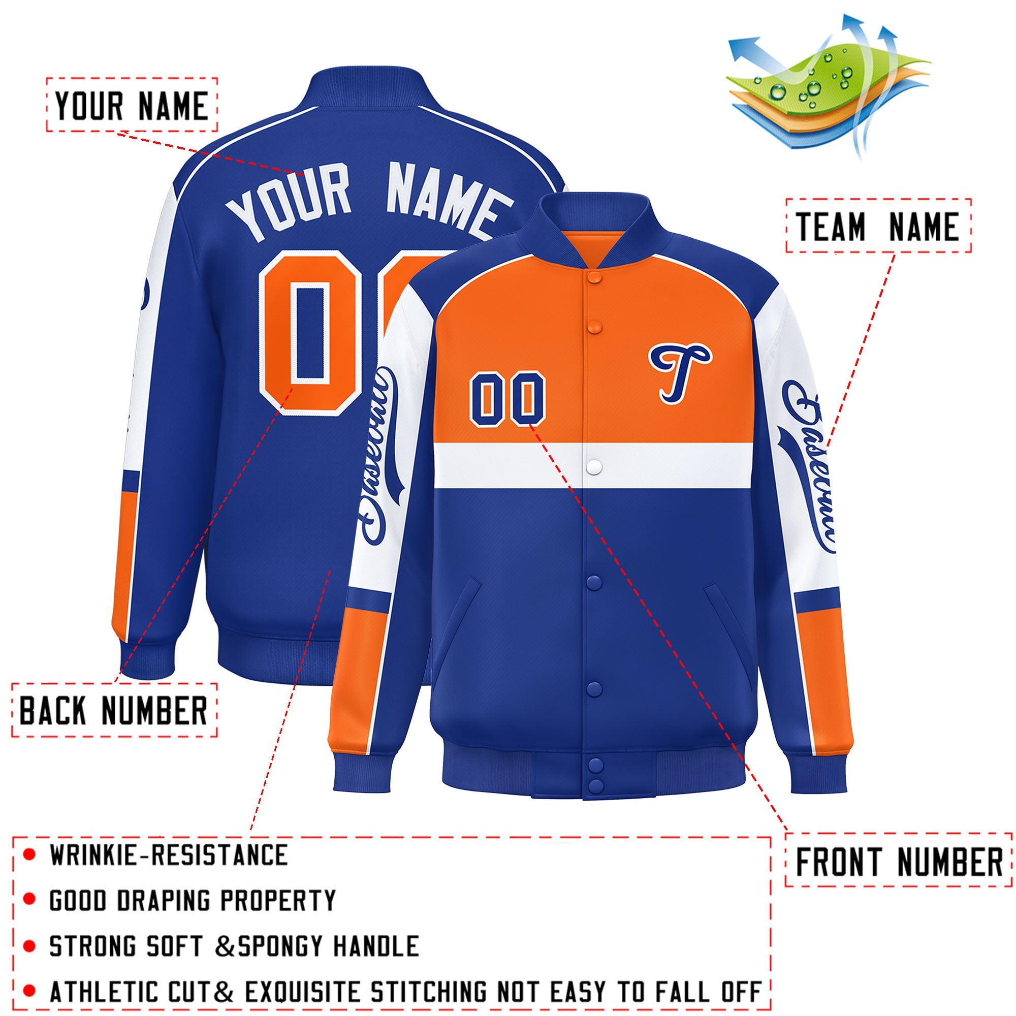 Custom Orange Royal Varsity Full-Snap Raglan Sleeves Letterman Jacket