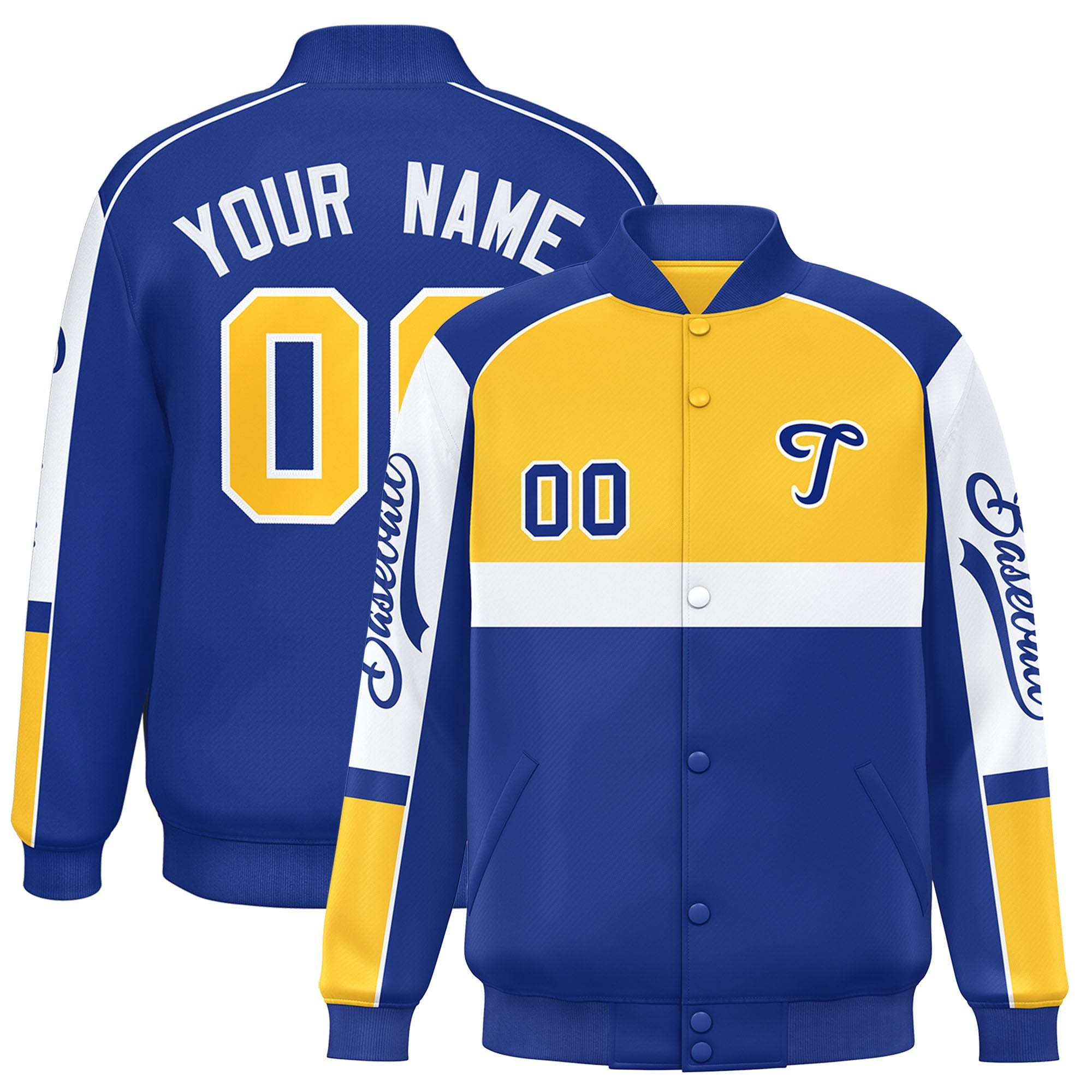 Custom Yellow Royal Varsity Full-Snap Raglan Sleeves Letterman Jacket