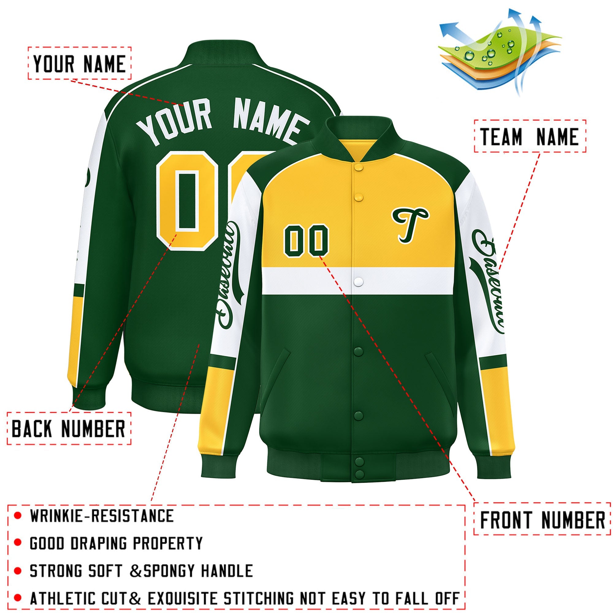 Custom Yellow Green Varsity Full-Snap Raglan Sleeves Letterman Jacket