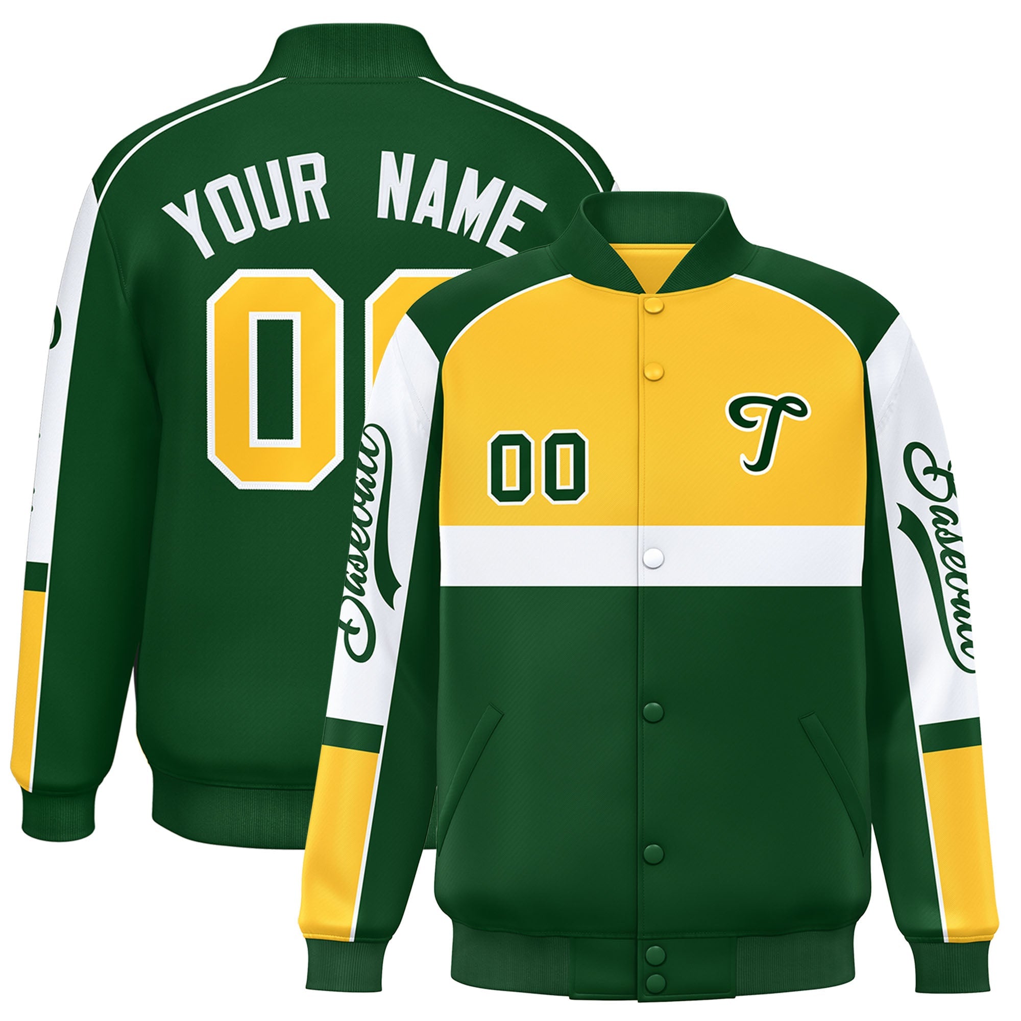 Custom Yellow Green Varsity Full-Snap Raglan Sleeves Letterman Jacket