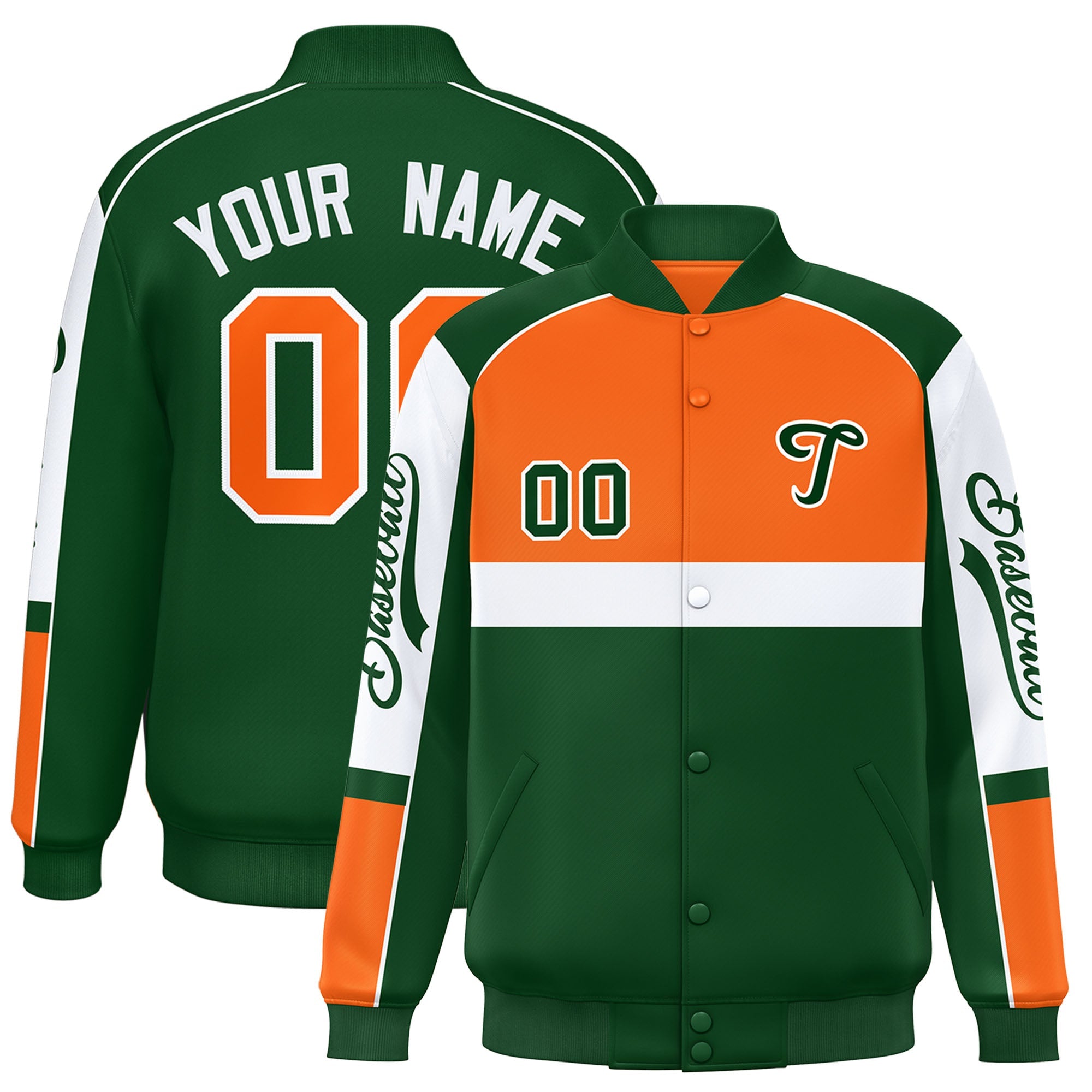 Custom Orange Green Varsity Full-Snap Raglan Sleeves Letterman Jacket