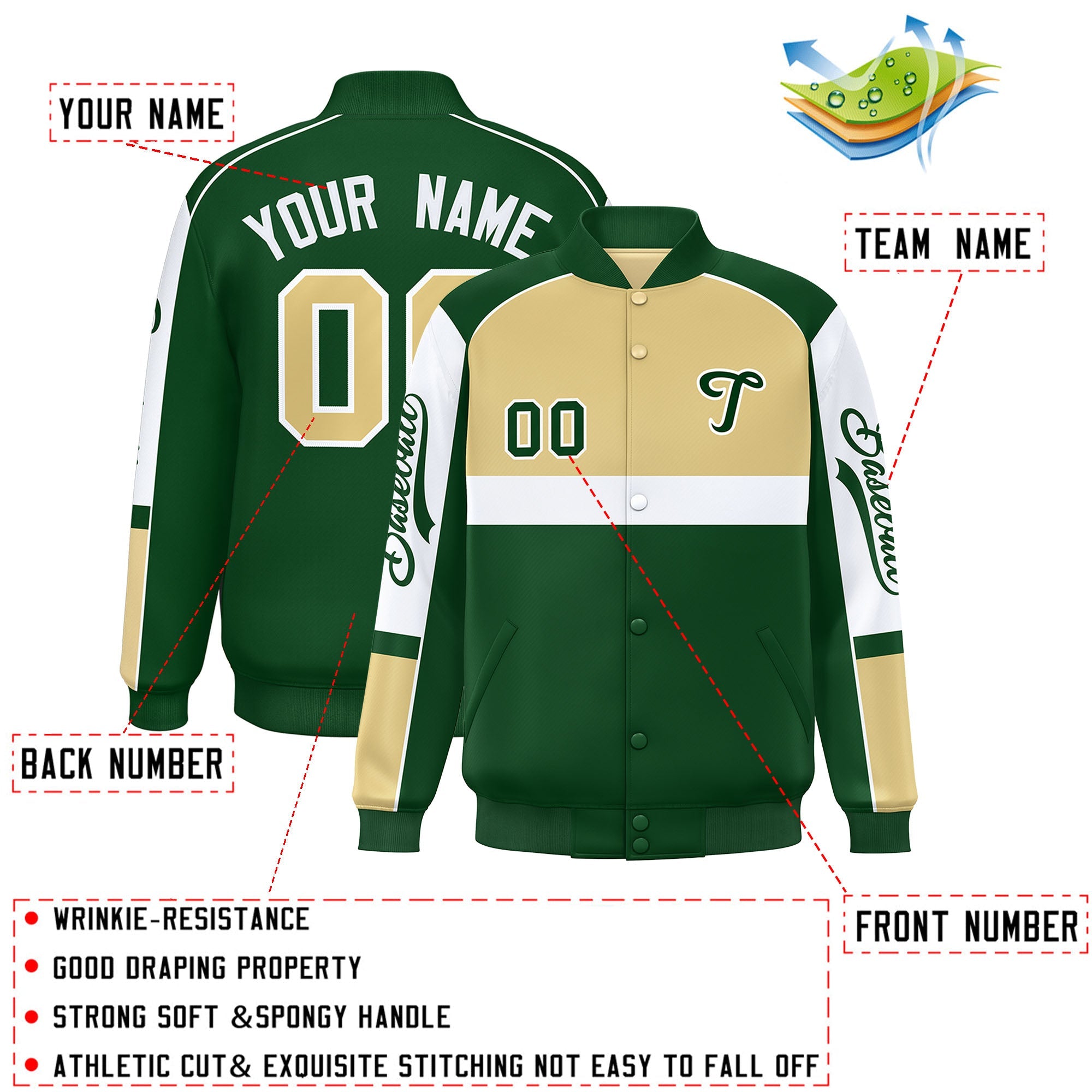 Custom Khaki Green Varsity Full-Snap Raglan Sleeves Letterman Jacket