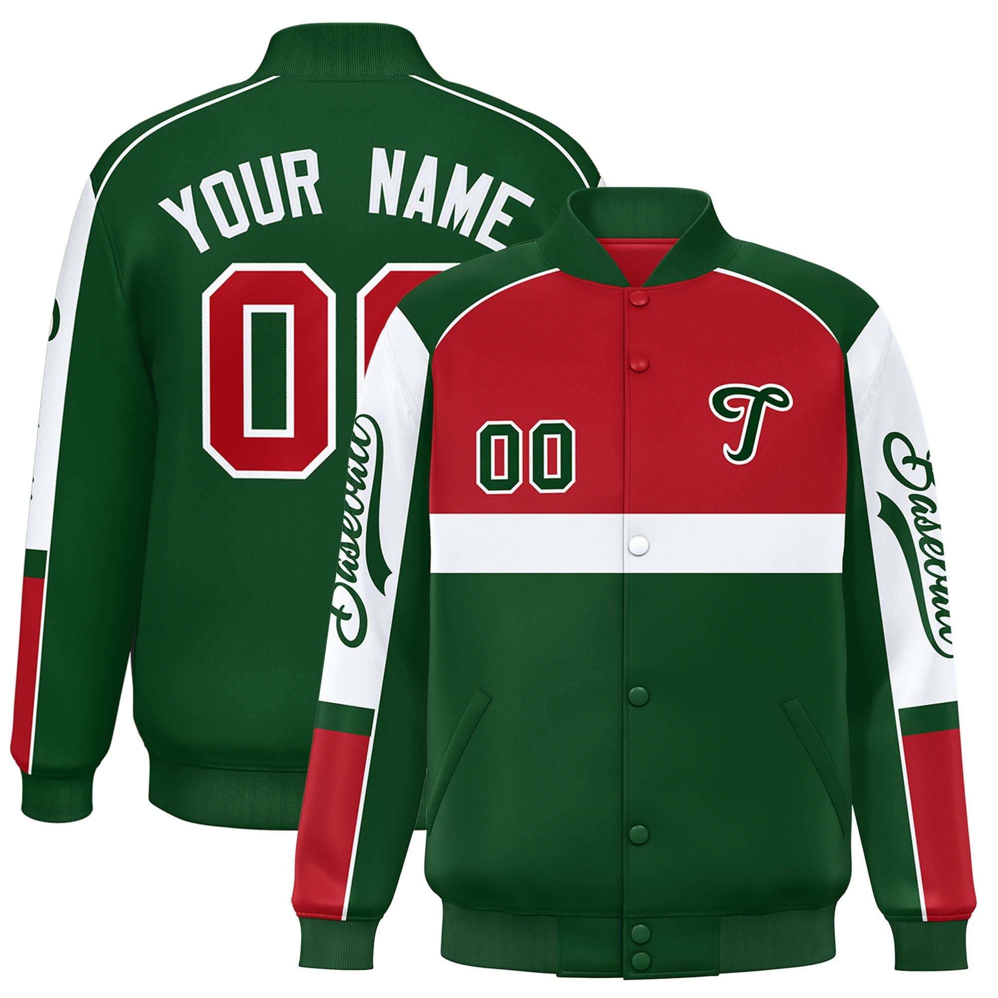 Custom Red Green Varsity Full-Snap Raglan Sleeves Letterman Jacket