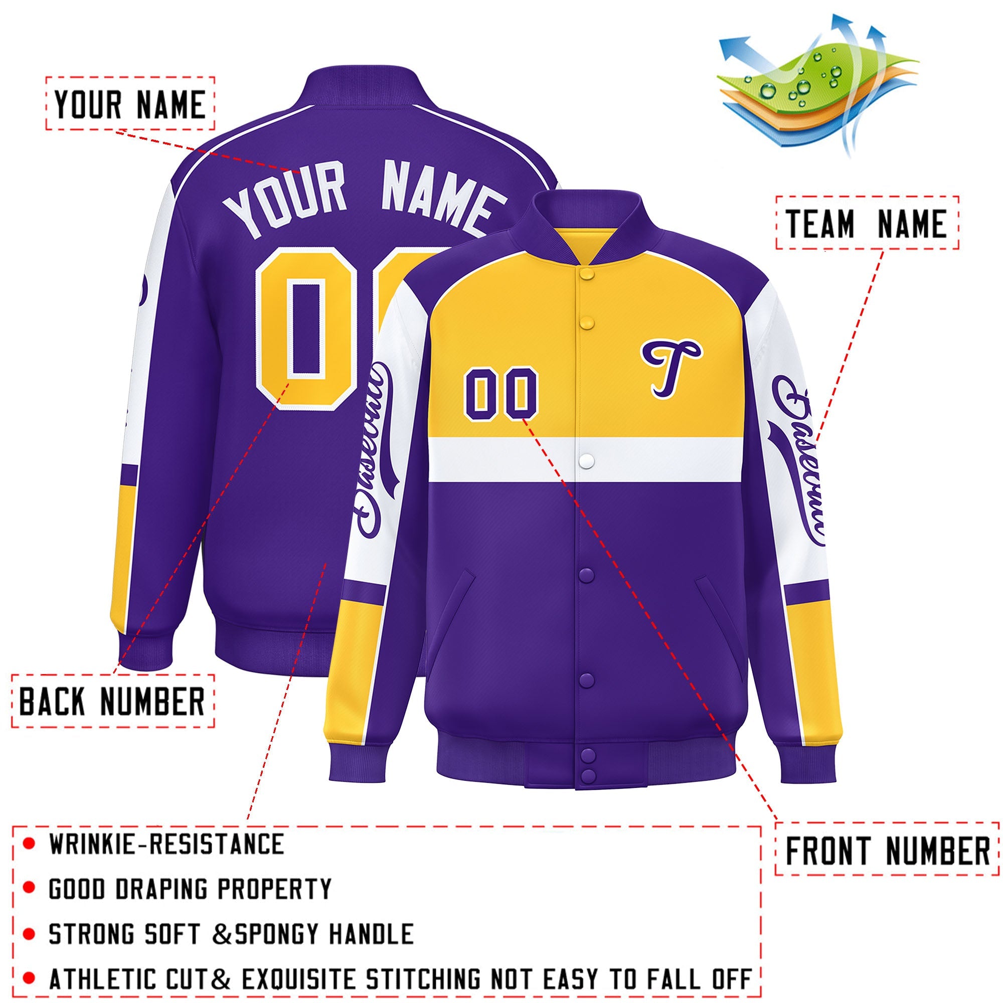 Custom Yellow Purple Varsity Full-Snap Raglan Sleeves Letterman Jacket