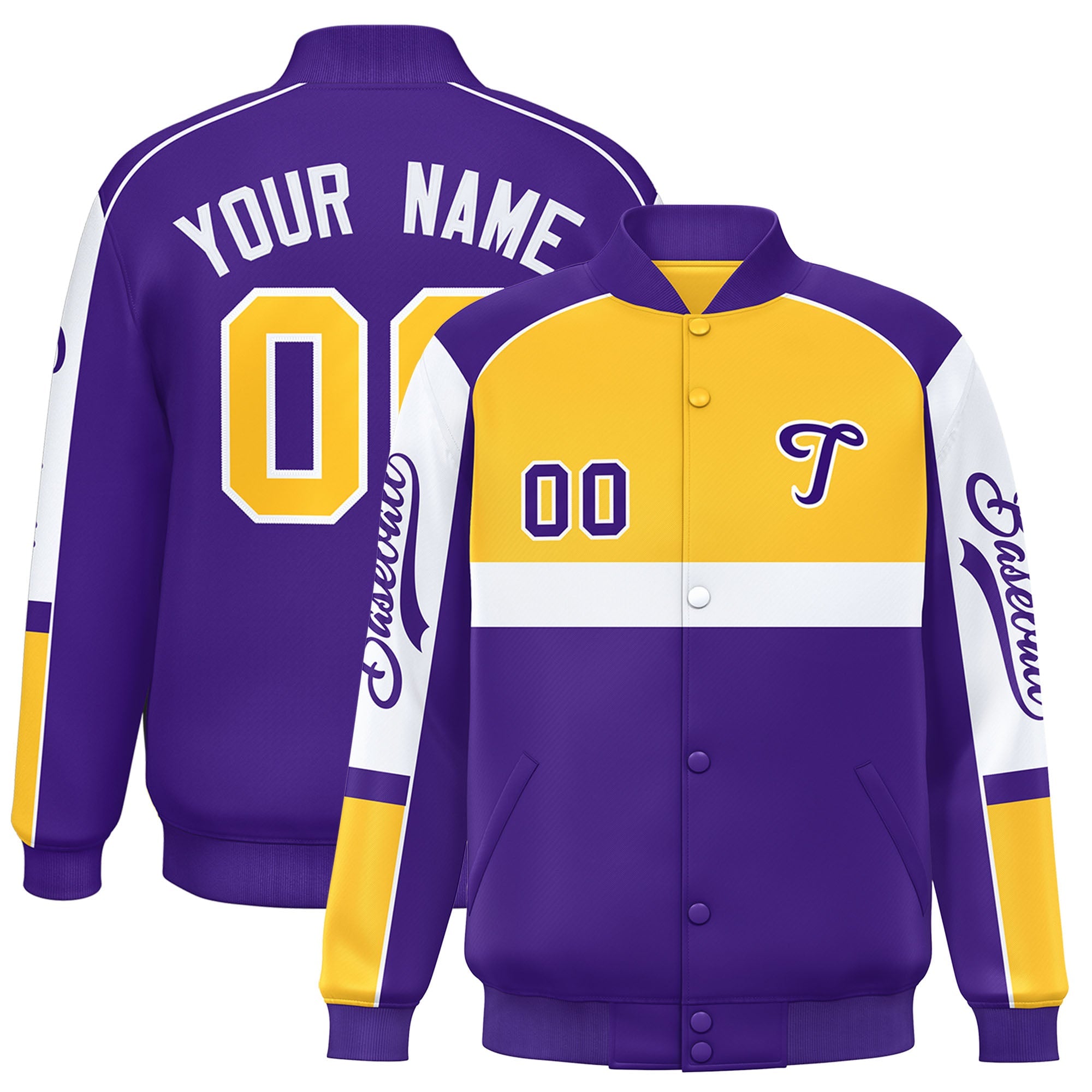 Custom Yellow Purple Varsity Full-Snap Raglan Sleeves Letterman Jacket