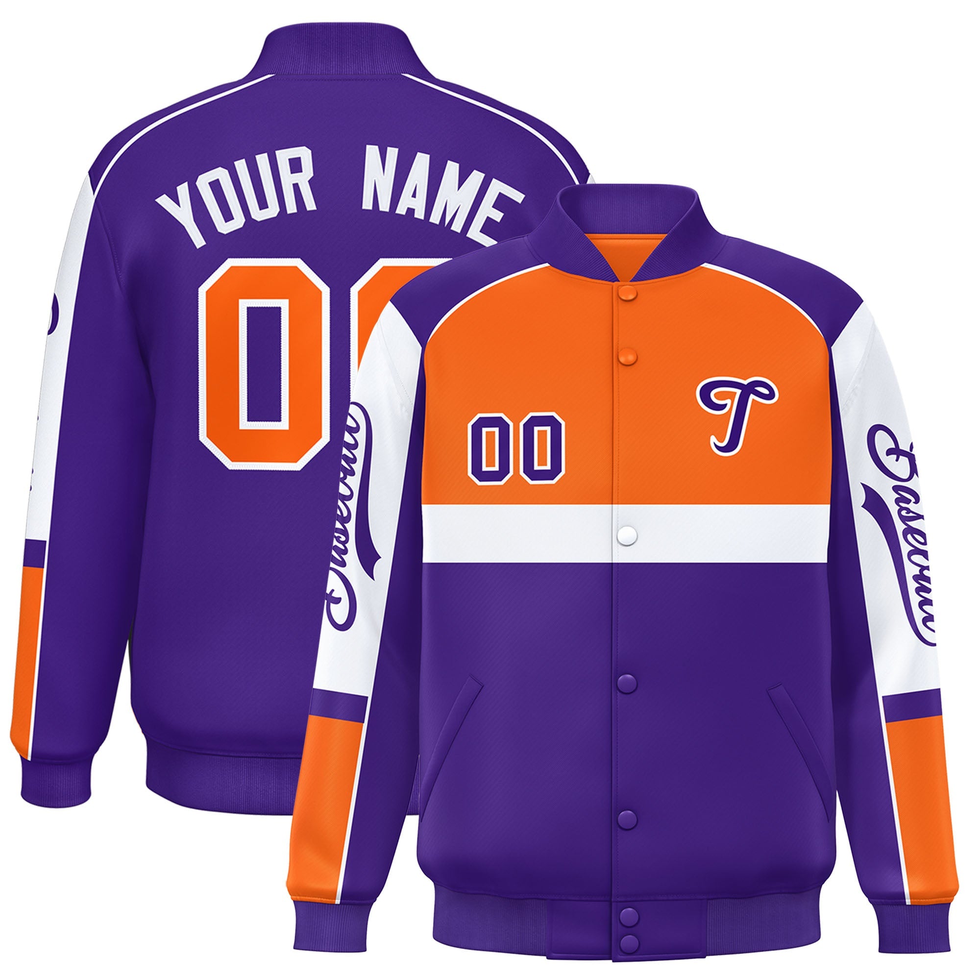 Custom Orange Purple Varsity Full-Snap Raglan Sleeves Letterman Jacket